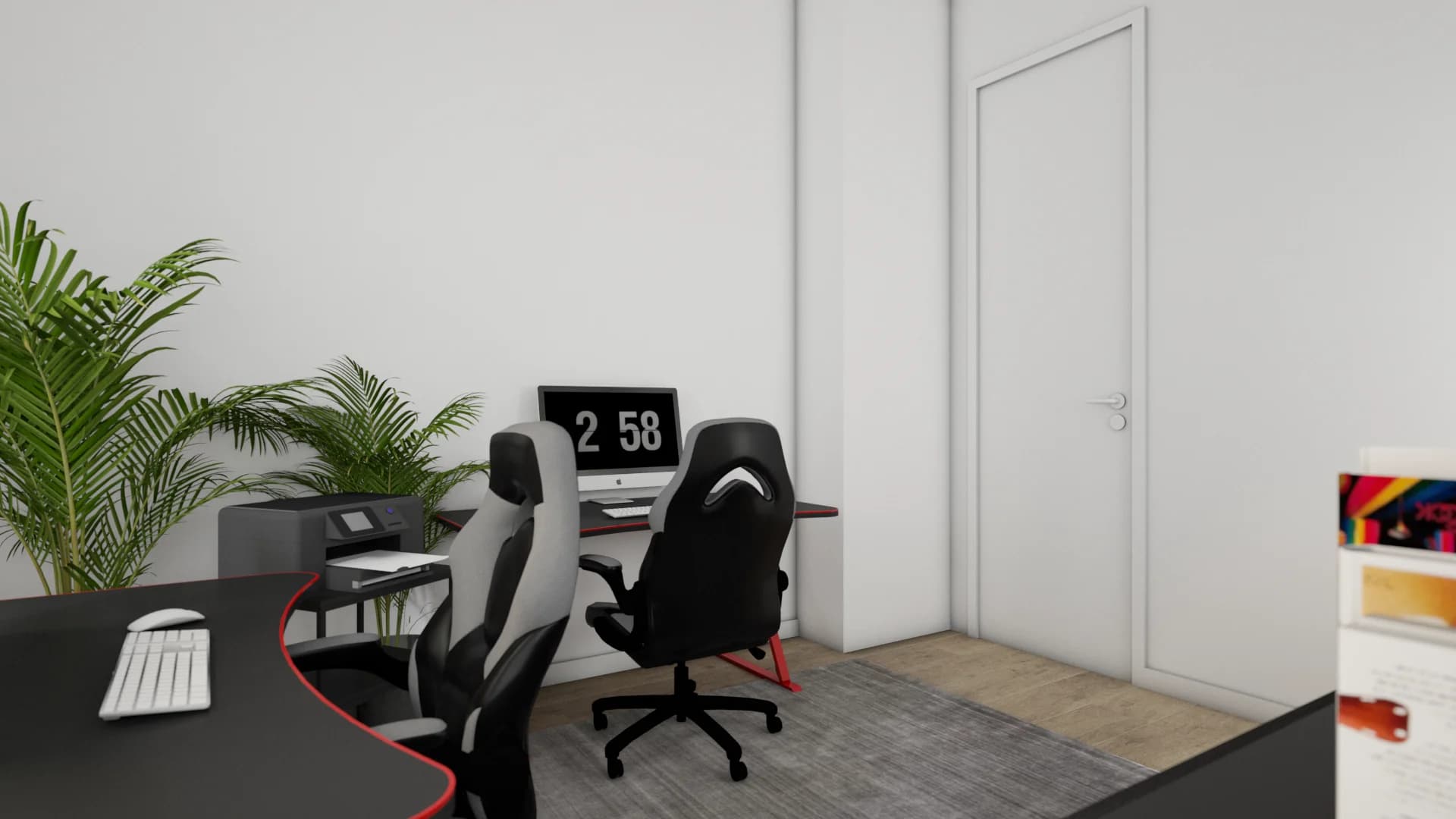 Wide-angle gaming office with red-frame desk, black racing chair, palm plant, printer on side table, and colorful bookshelf in the corner