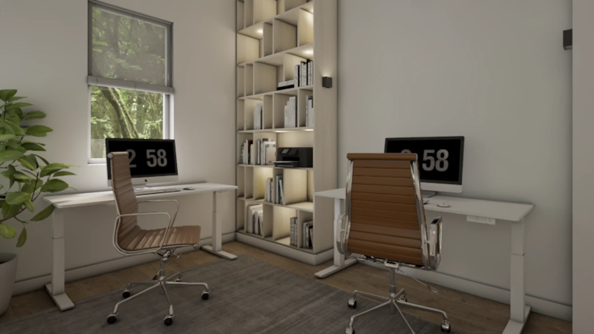 Two white desks with tan leather Eames chairs flank a lit floor-to-ceiling birch cubby bookshelf divider with recessed LED lighting and potted plants