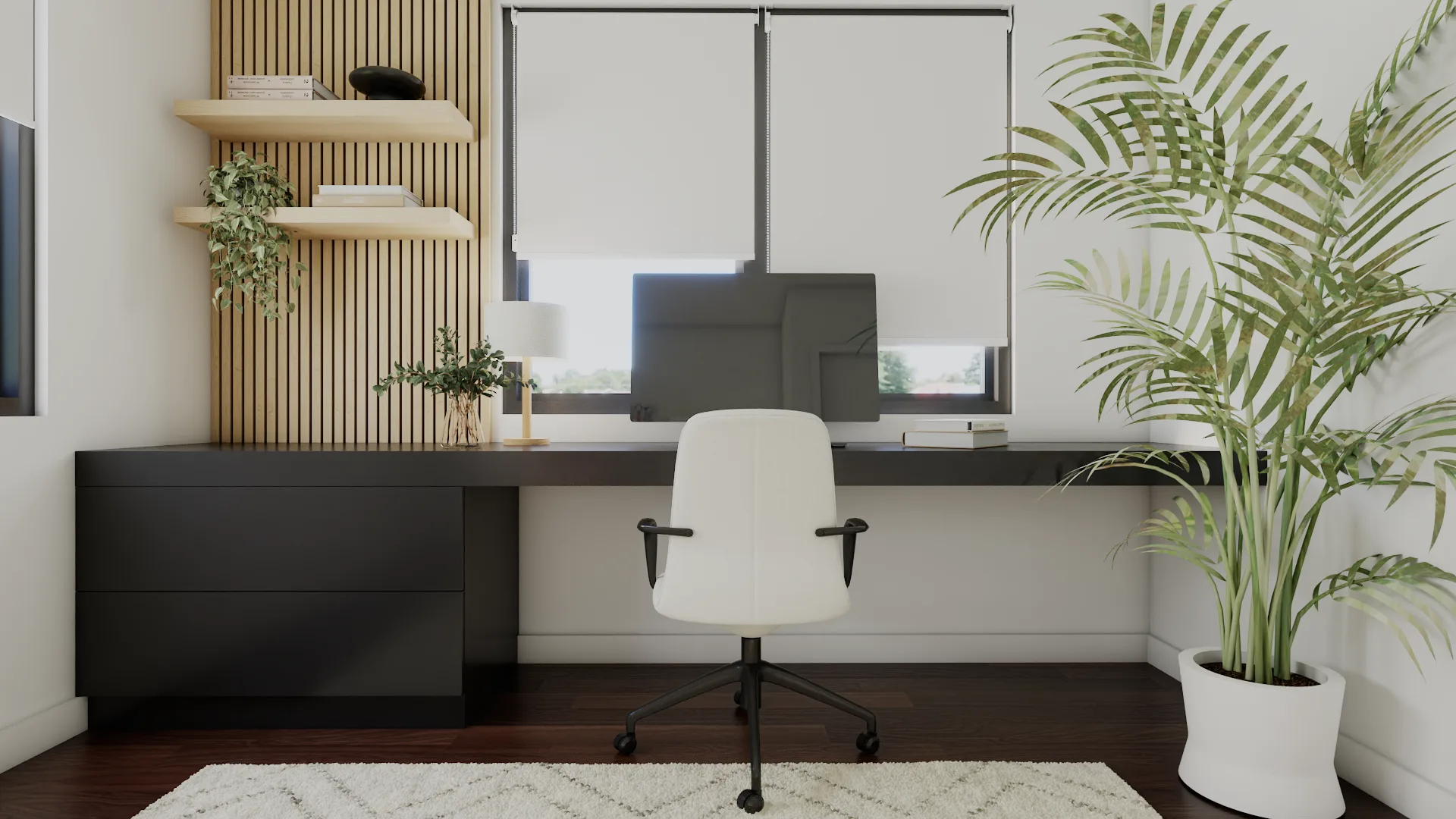 Home office with charcoal L-shaped desk, white ergonomic chair, oak vertical slat accent wall, floating shelves, and cre