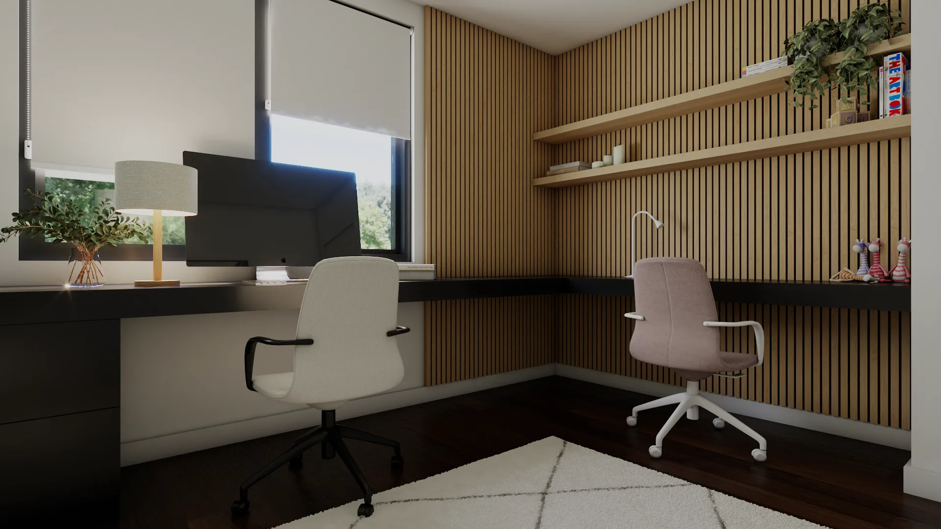 Corner view of charcoal L-desk with white and pink task chairs, oak slat accent wall, floating shelv