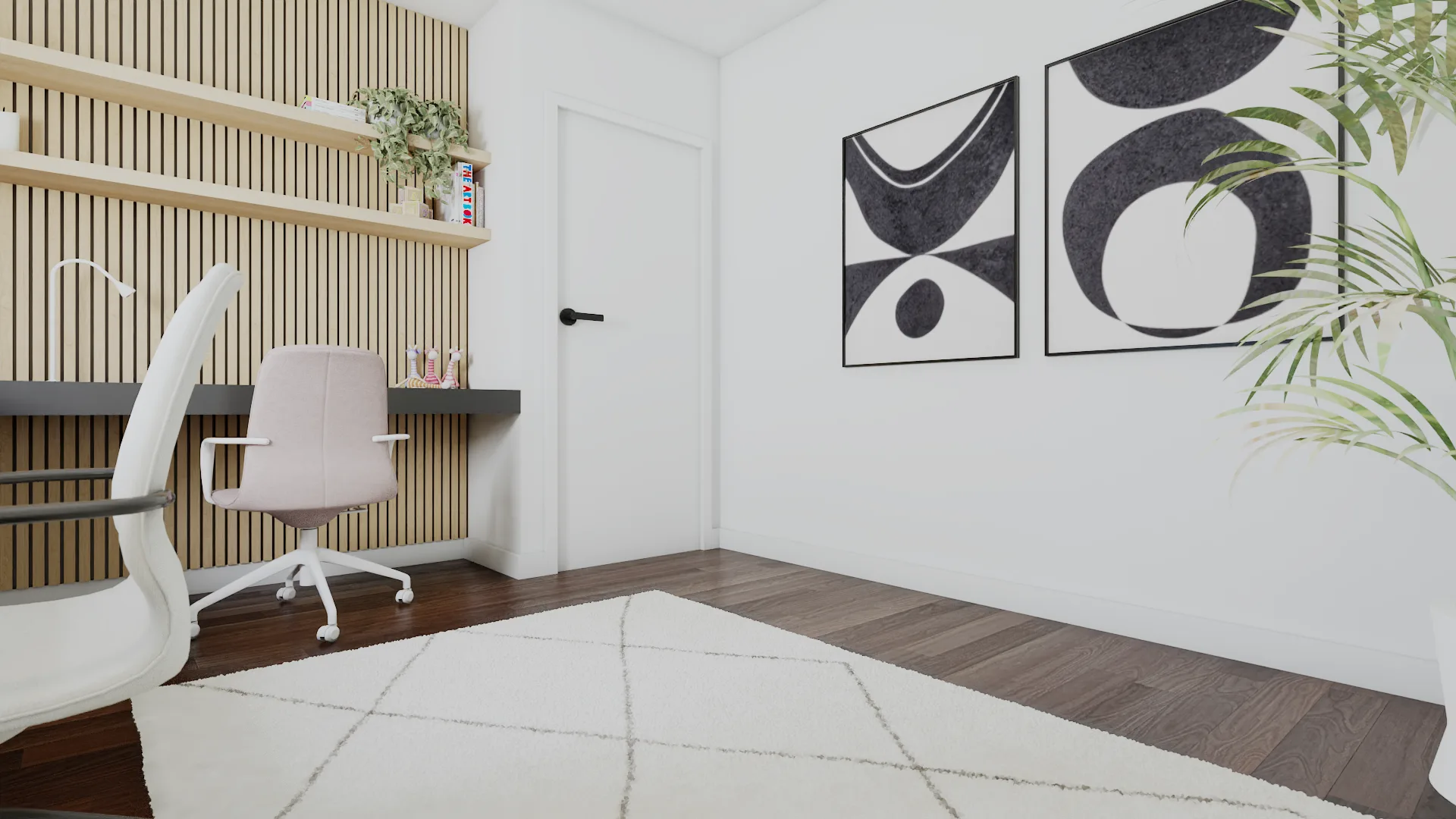 Wide-angle home office view showing cream diamond rug, charcoal L-desk, white ergonomic chair, oak s