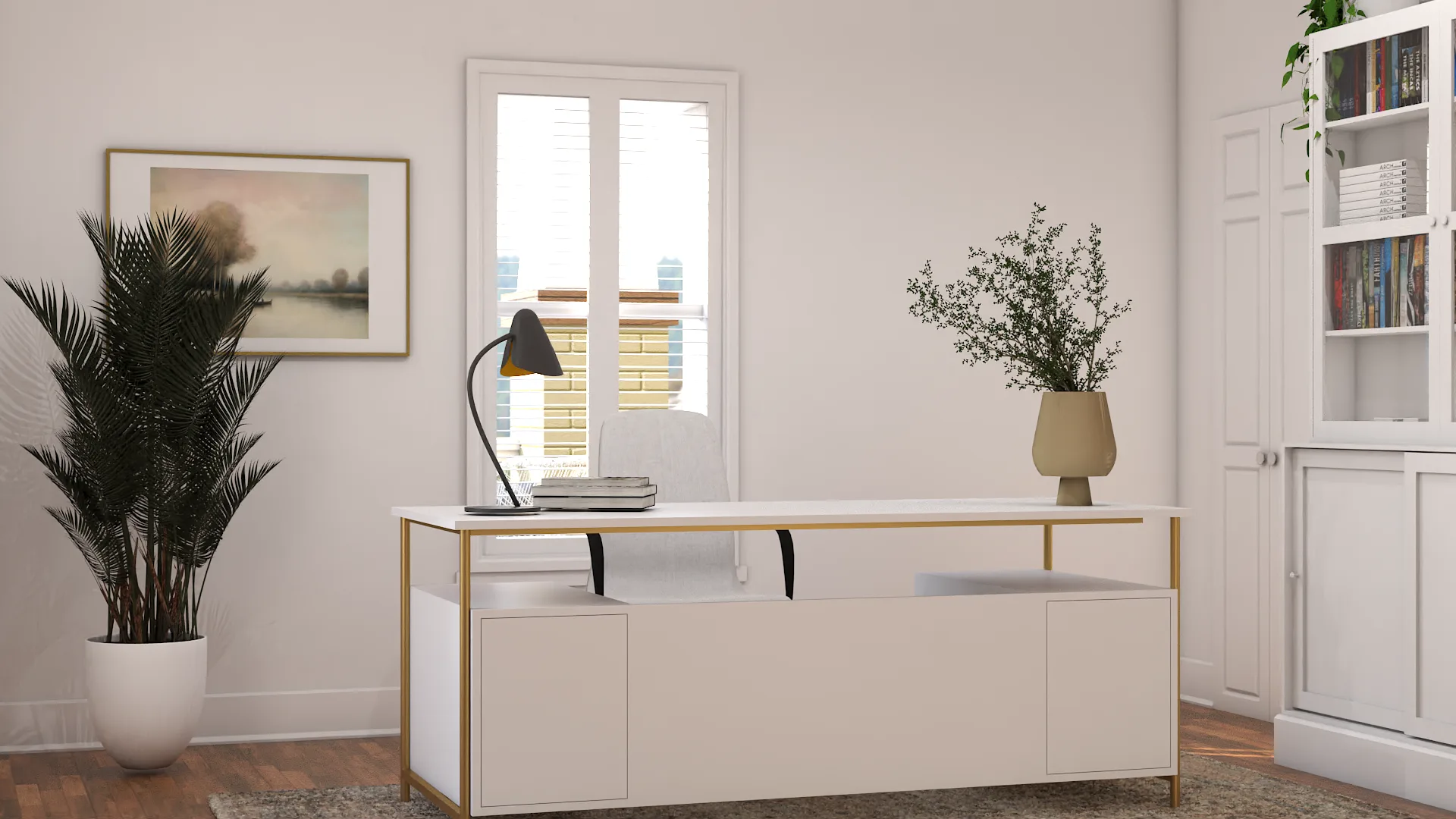White brass-frame credenza with landscape painting, window, and palm plant