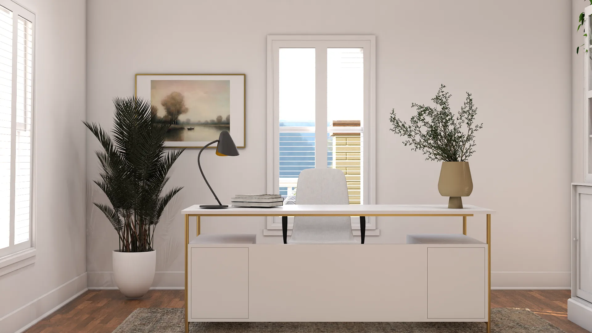 Wide angle of white gold-frame desk with landscape art, brown leather chair, and shuttered window