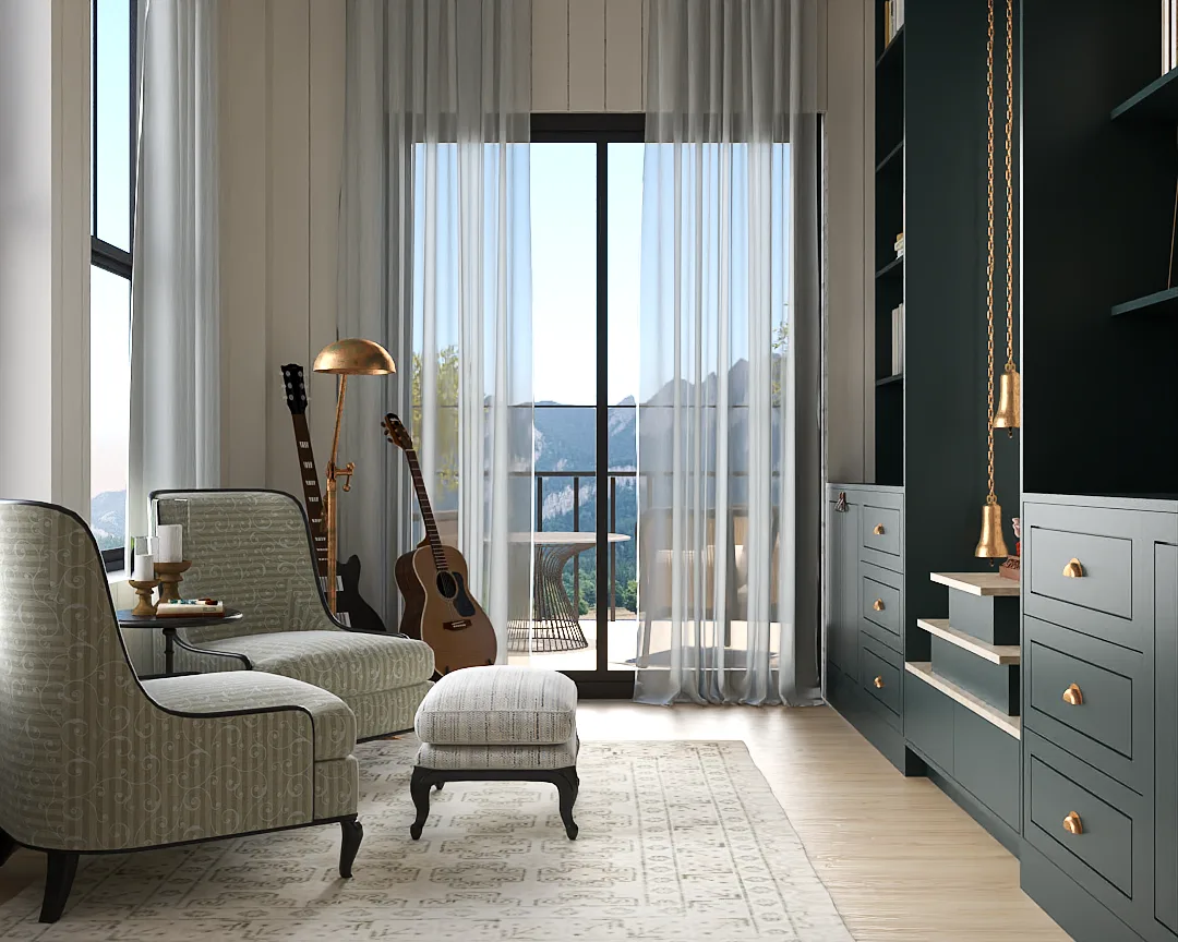 Guitar reading corner with linen armchair, ottoman, brass floor lamp, sheer curtains, and mountain views through a glass door beside navy cabinetry with brass pulls.