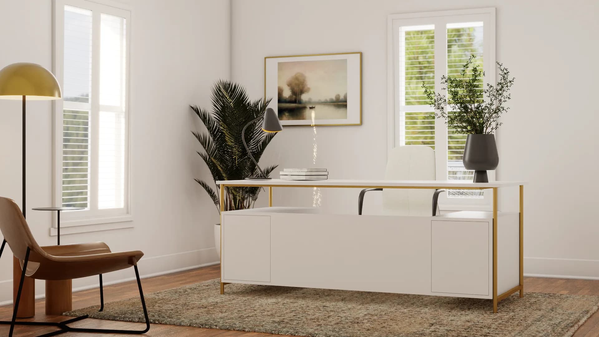 Front view of white brass desk with rolling chair, framed landscape art, and palm plant