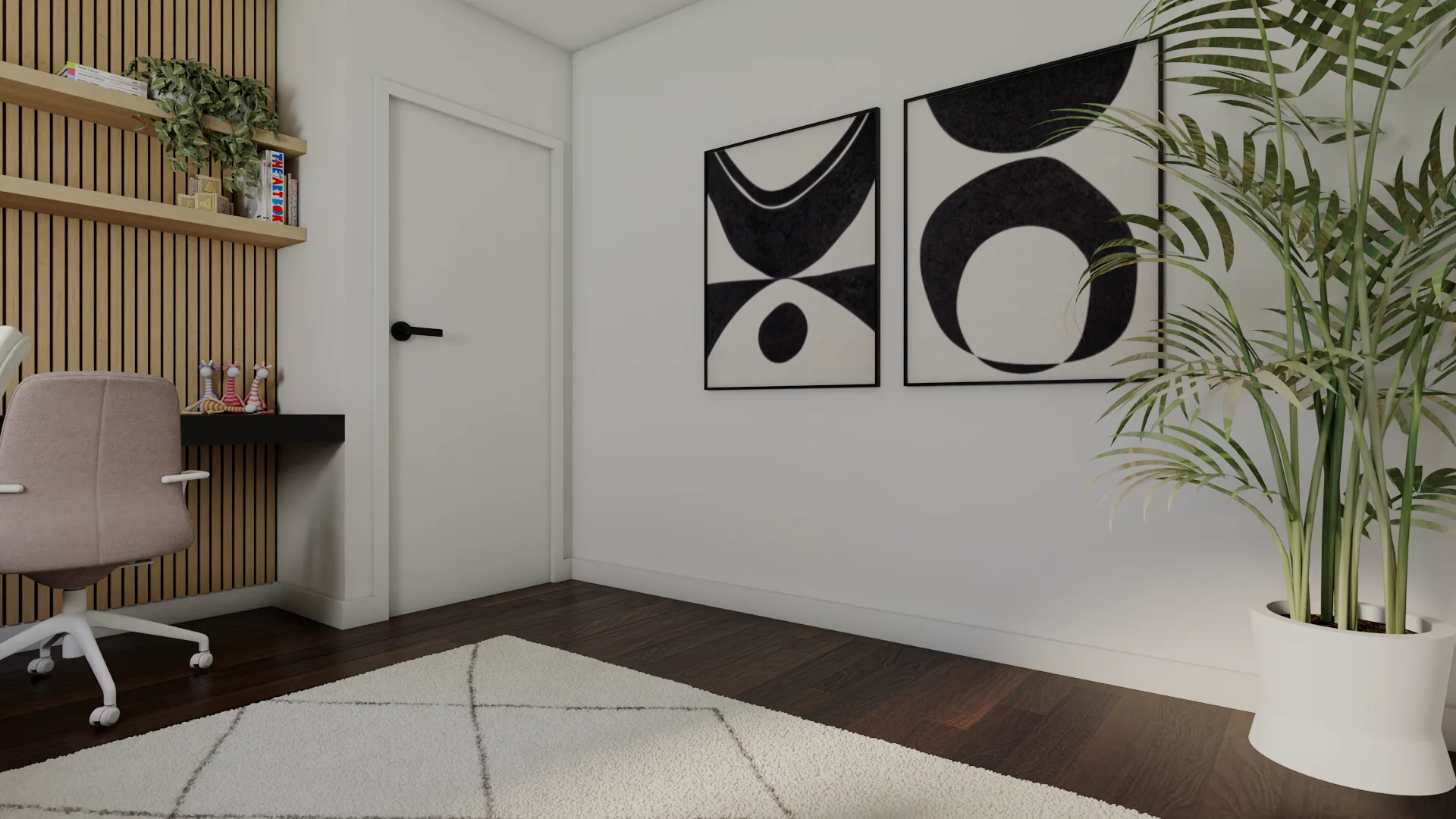 Built-in white bookcase with glass doors, pothos plant, and gold dome floor lamp
