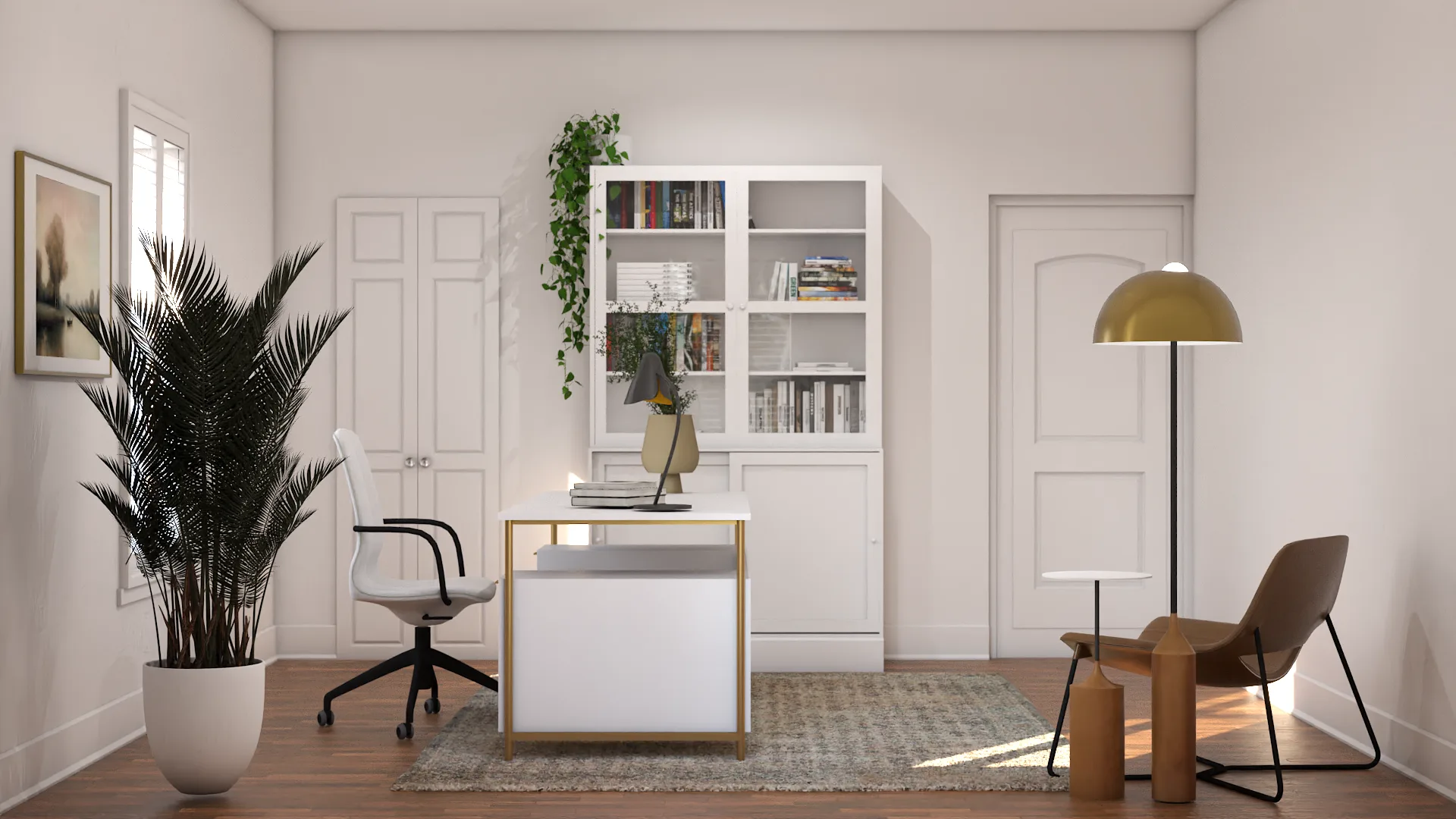 Full room view of white home office with brass desk, built-in bookcase, palm tree, and arched door