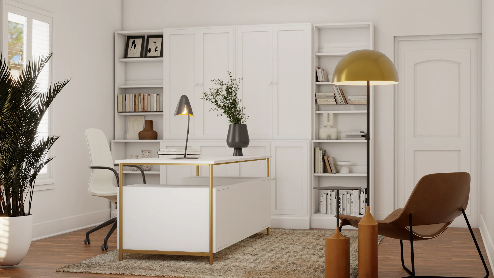 White home office with brass-frame desk, built-in bookcase, gold dome lamp, and palm tree