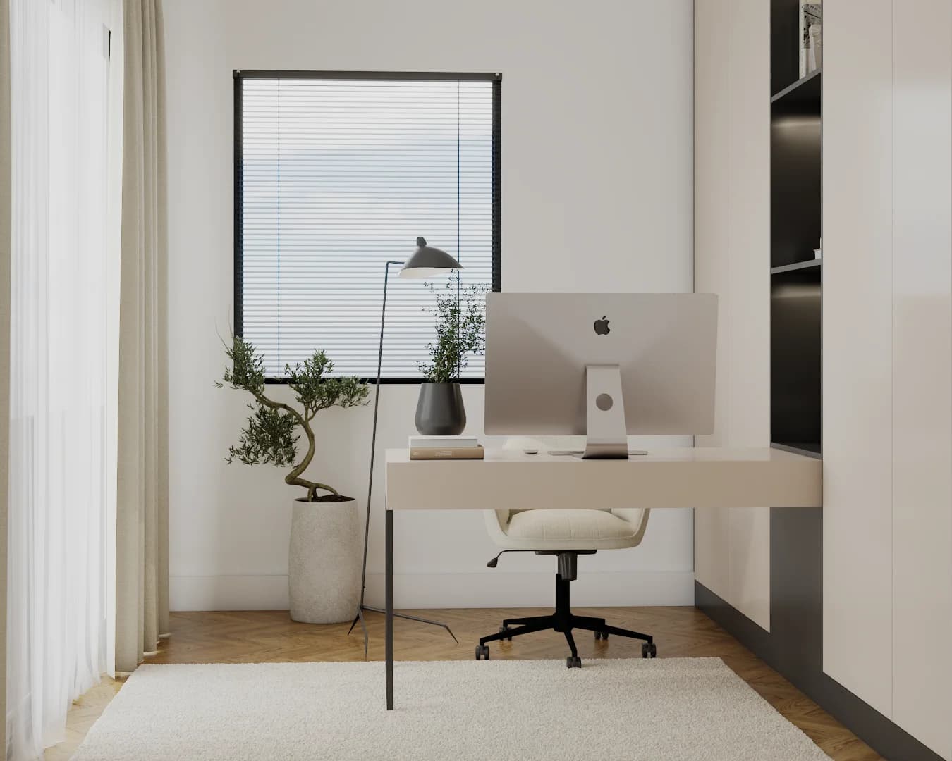 Japandi home office with floating cream desk, iMac, bonsai tree, and herringbone oak floor