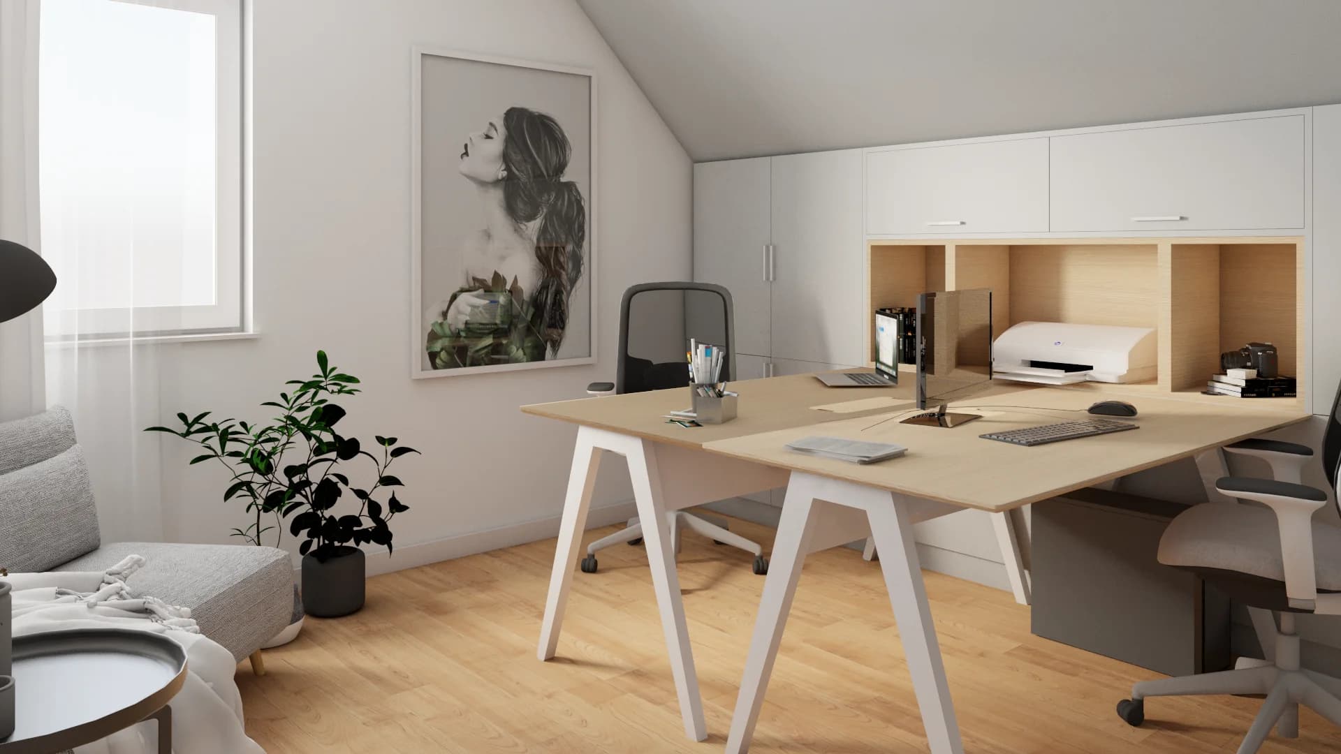 Loft home office with A-frame ceiling, dual oak trestle desk, white built-in cabinets, and gray ergonomic chairs