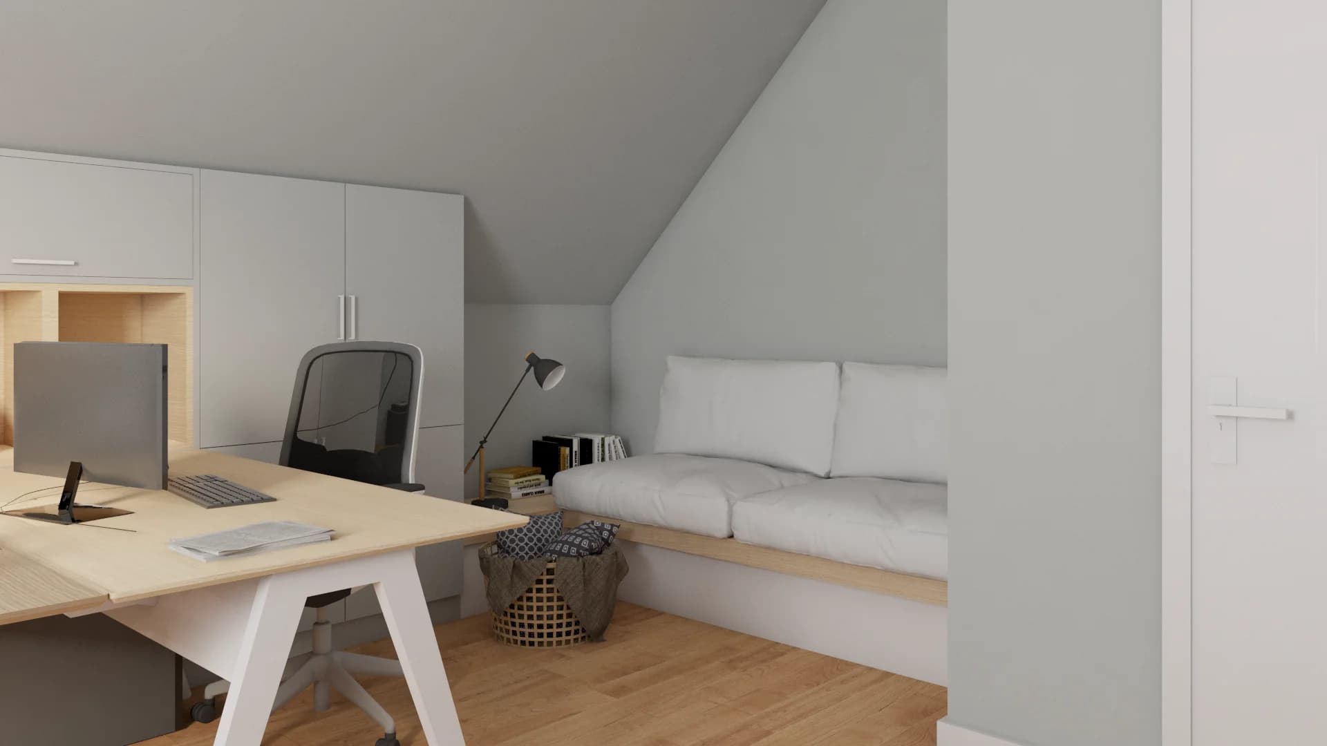 A-frame loft office with trestle desk, built-in daybed nook, white cabinetry, oak shelving