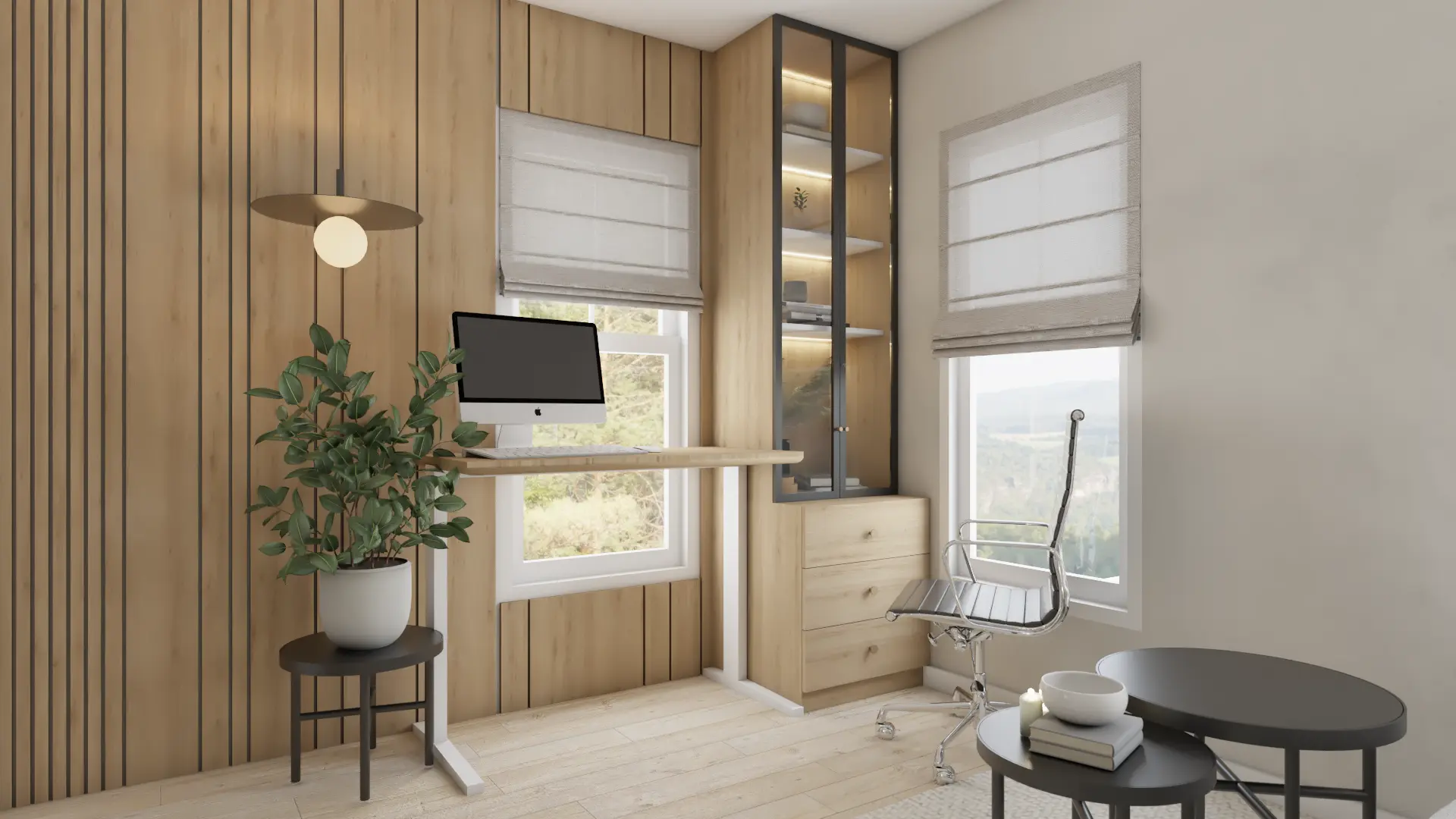 Modern home office with wood accents and minimalist design, enhancing productivity with a touch of warmth, designed by Debora in New York City.