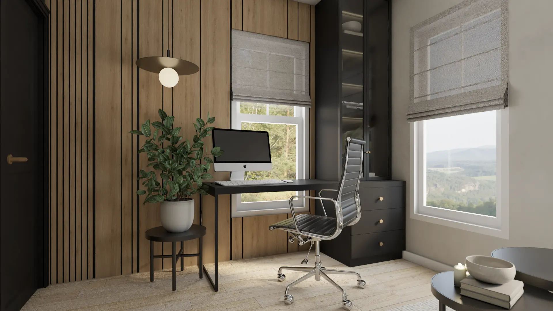 Contemporary home office featuring sleek black furniture and natural wood accents, offering a peaceful and productive environment, designed by Debora in New York City.