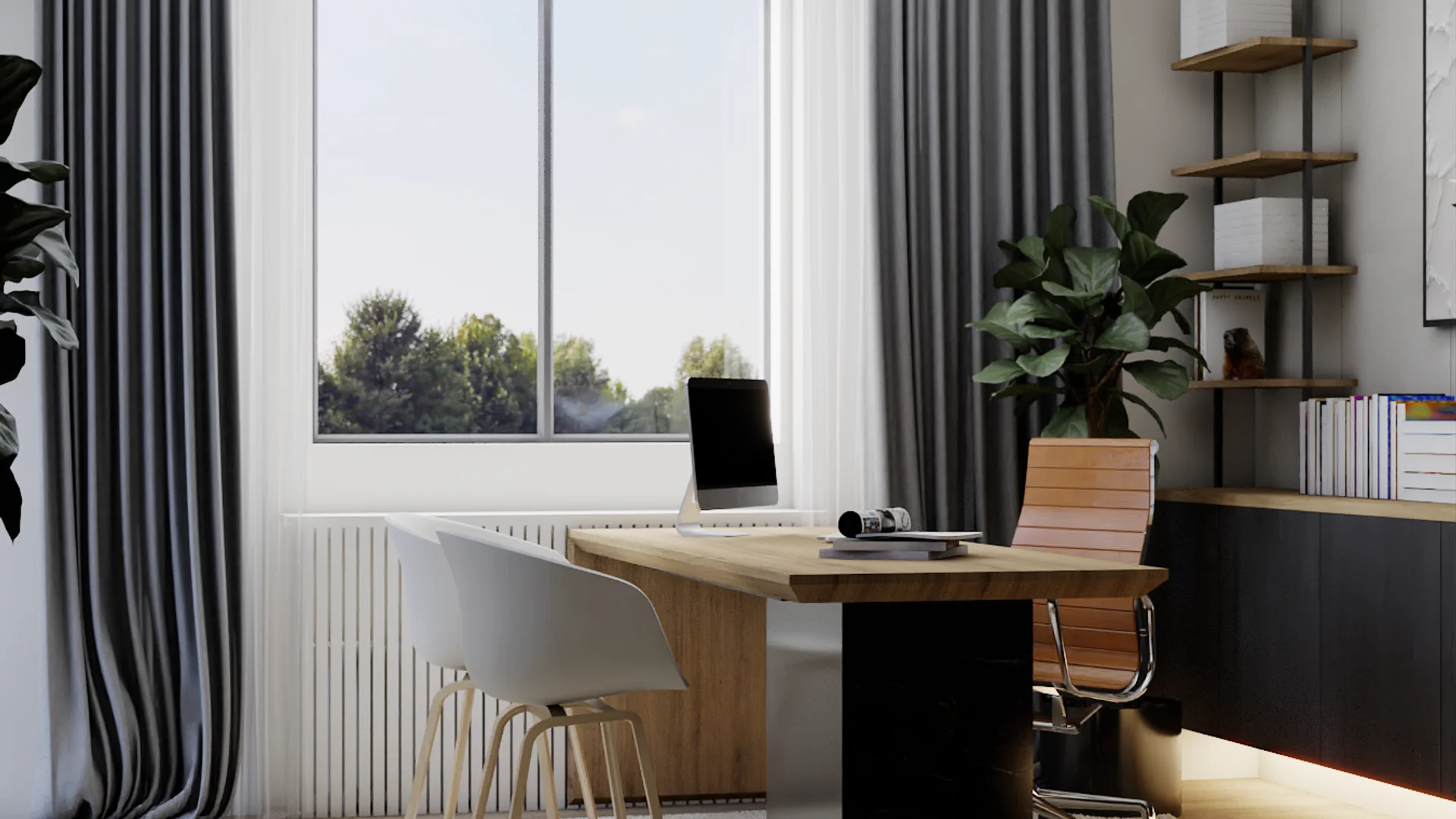 Wide angle home office view with oak desk, iMac, white molded chair, tan leather executive chair, floor-to-ceiling window with gray curtains and tree views outside, fiddle leaf fig plant, open oak shelves with books, and dark lower cabinet