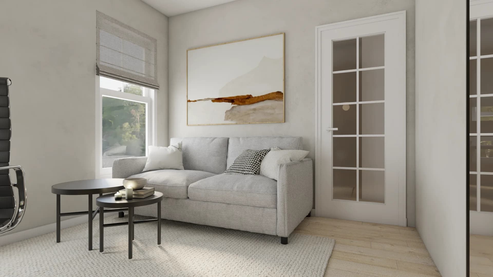 Organic modern home office with L-shaped oak desk, floating shelves, potted plants, and linen sofa lounge area near a French door