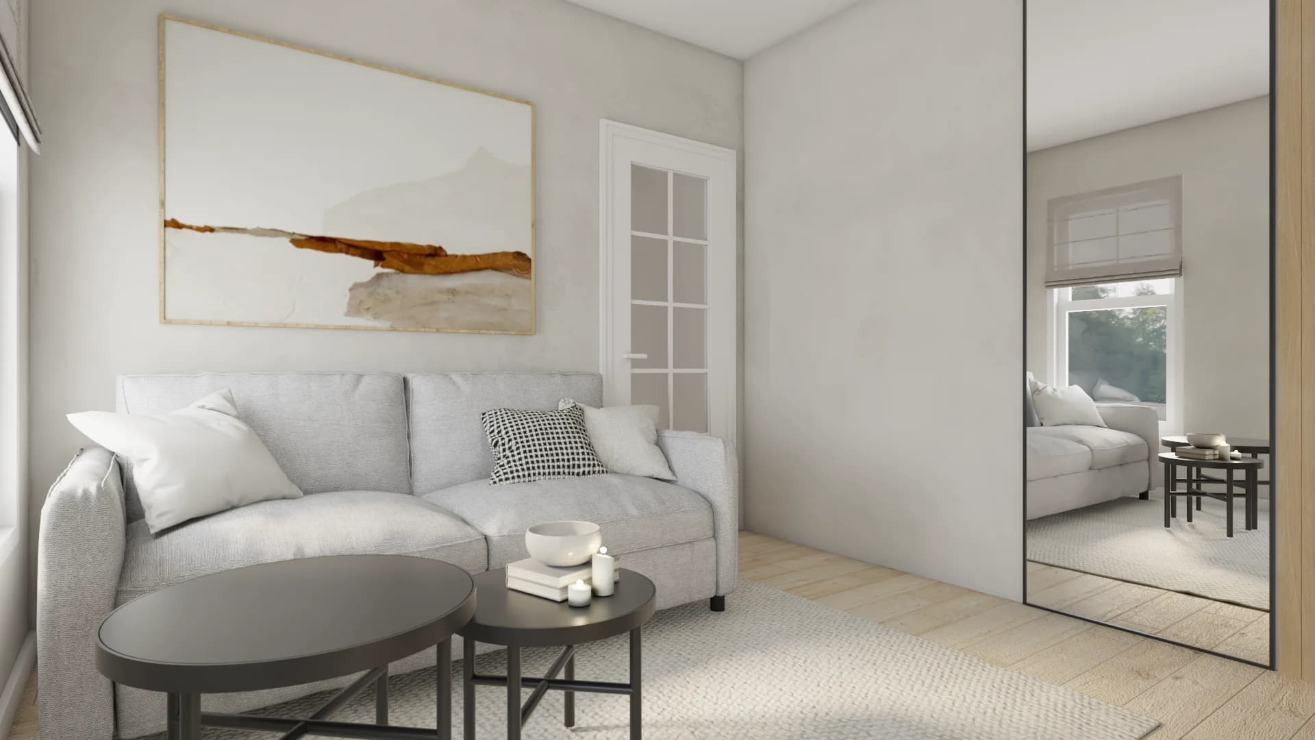 Home office desk zone with floating shelves and chrome task chair