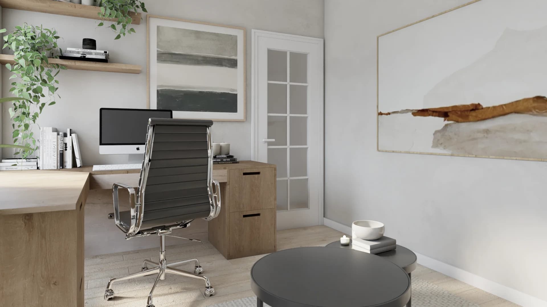 Oak desk with monitor and shelves from window angle