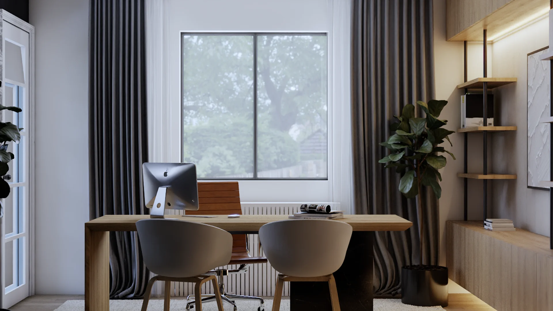 Contemporary home office with long oak desk, two gray shell chairs, black metal open shelving with warm-lit oak shelves, charcoal floor-to-ceiling curtains, large window with tree views, and fiddle-leaf fig plant. Design by Debora, an online interior design service.