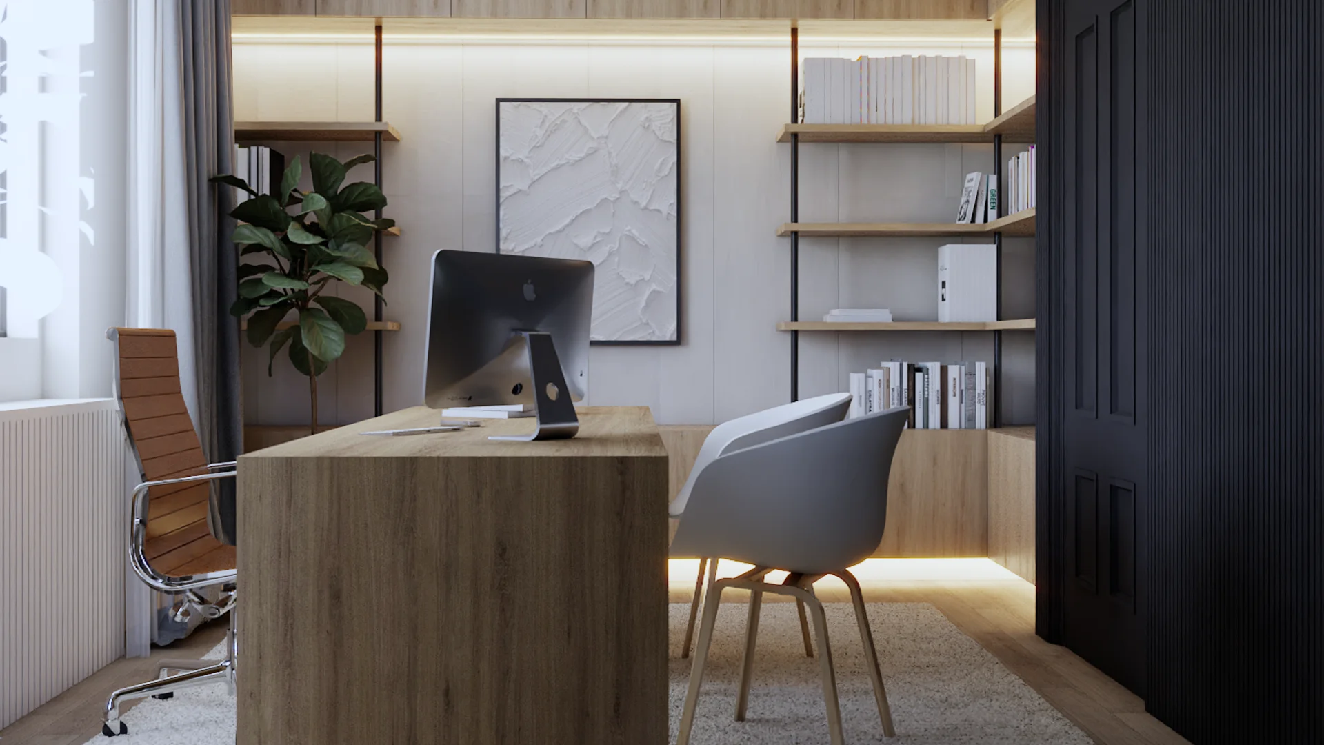 Home office with large oak desk, iMac monitor, white molded guest chair, tan leather executive chair, open oak shelving with books on black metal rods, textured white wall art, fiddle leaf fig plant, and warm LED strip lighting under shelves