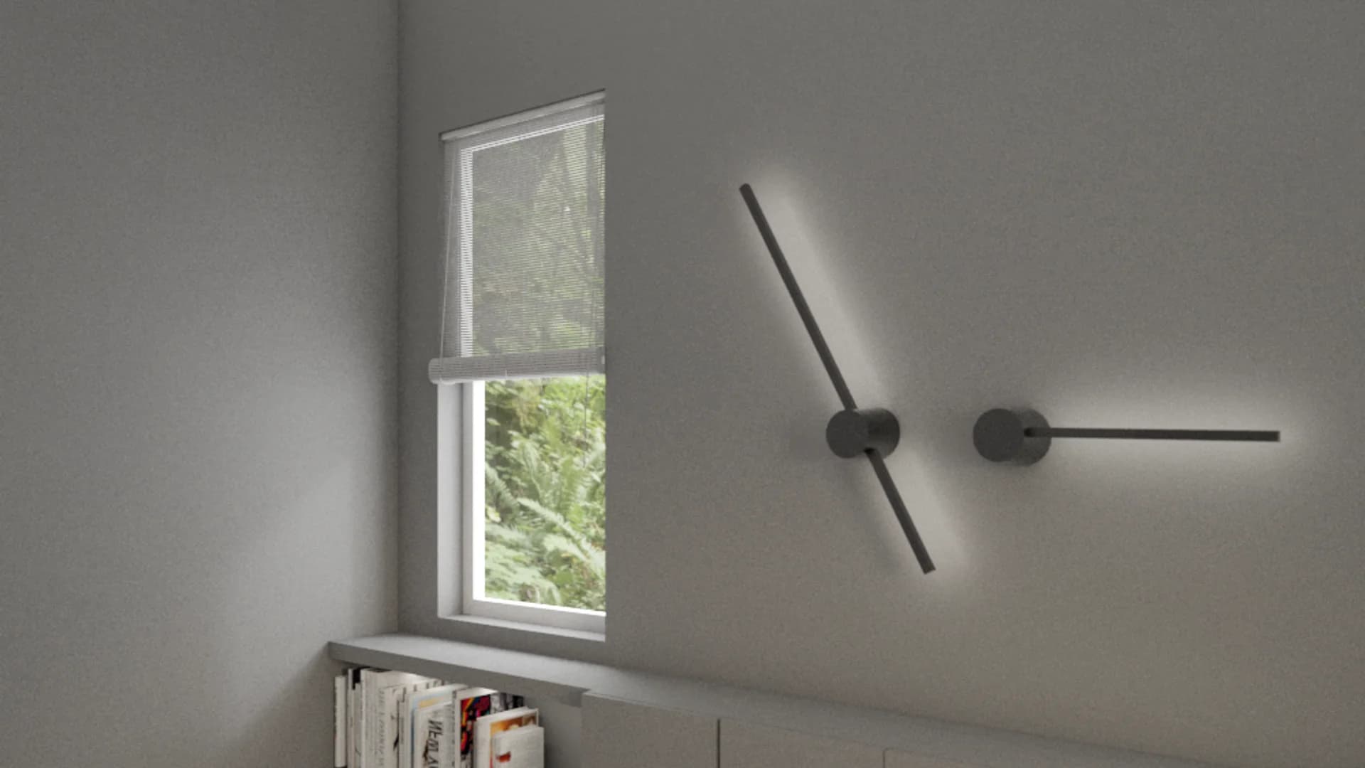 Close-up of two black kinetic linear wall sconces mounted at angles on a gray wall beside a roller blind window with garden views