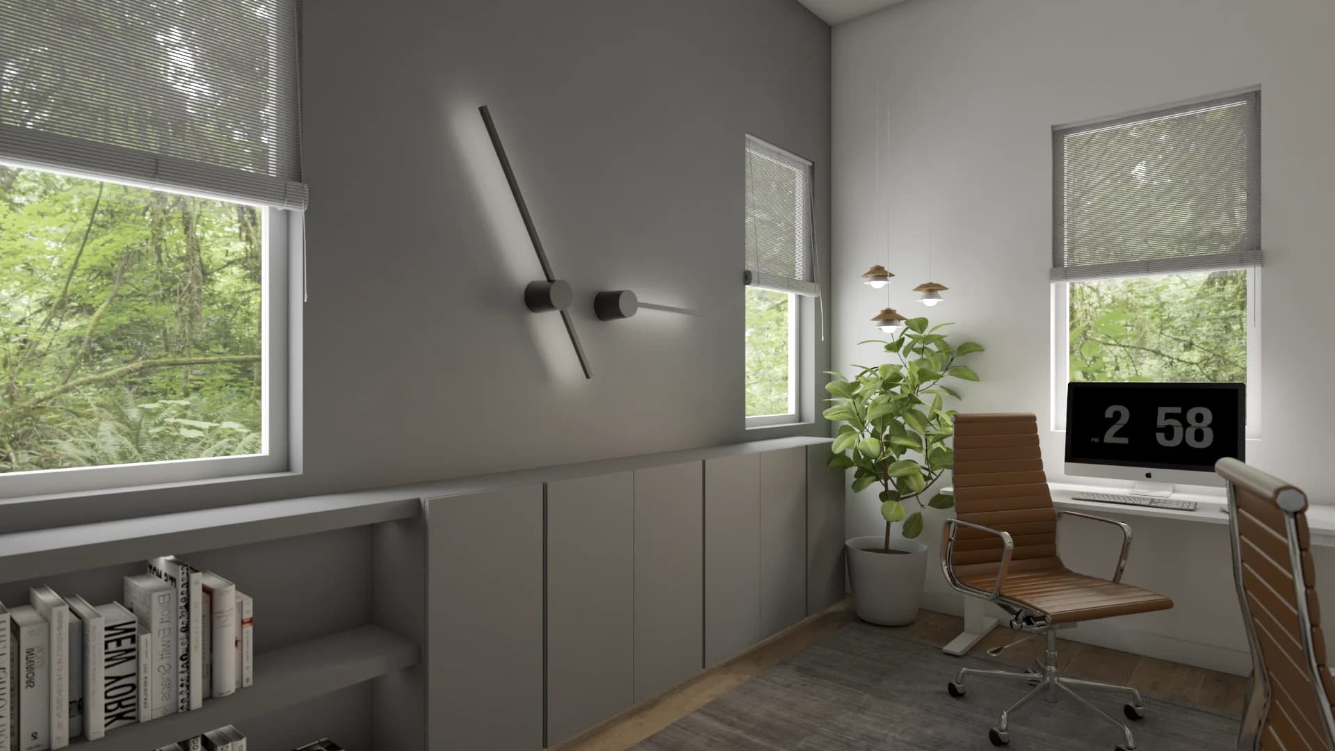 Home office corner with gray wainscoting panel walls, black linear kinetic wall sconces, tan leather Eames chair, green plant, and iMac on white desk