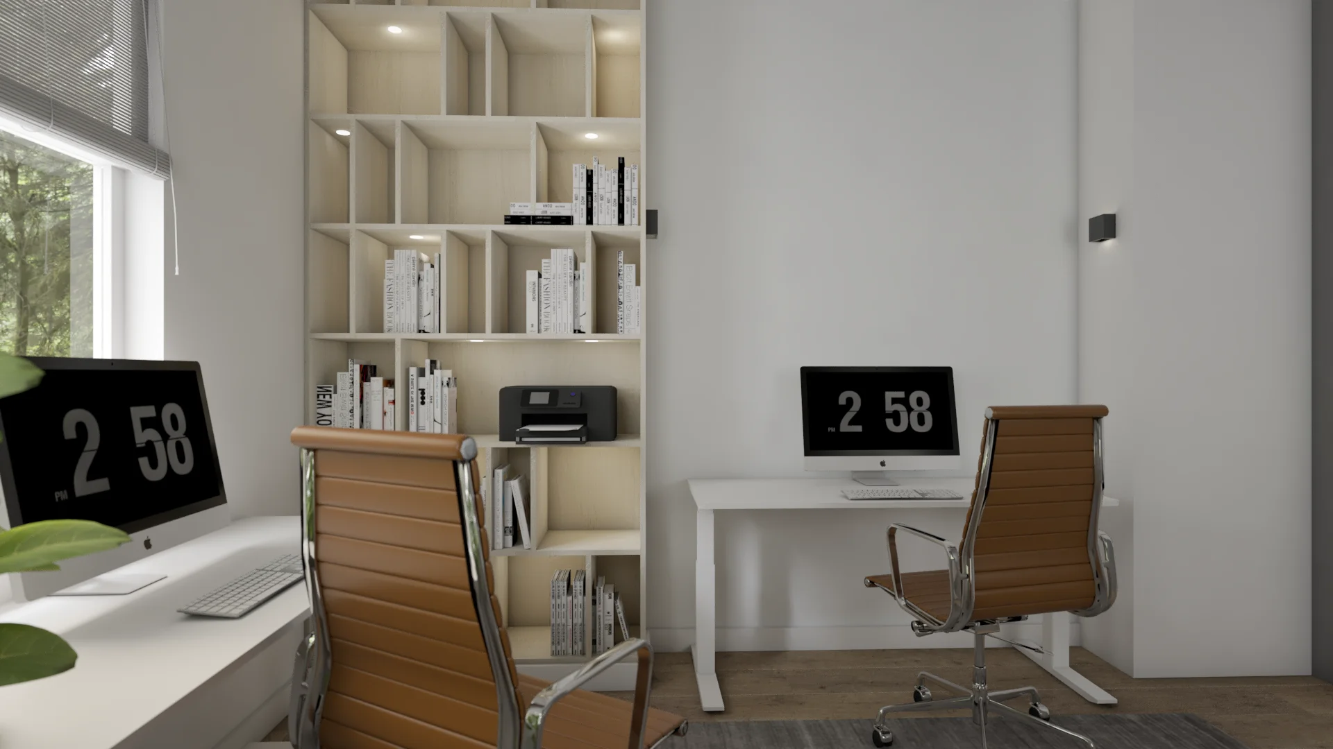 Wide-angle view of two white desks with tan leather Eames chairs separated by a floor-to-ceiling lit birch cubby bookshelf in a bright white office