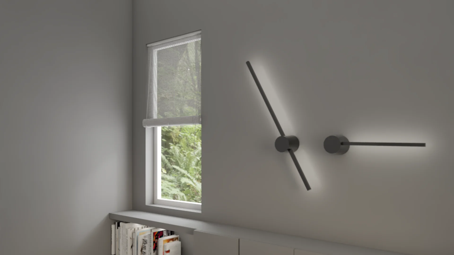 Close-up of two black kinetic linear wall sconces on a gray wall beside a roller blind window with stacked books visible on a low shelf below