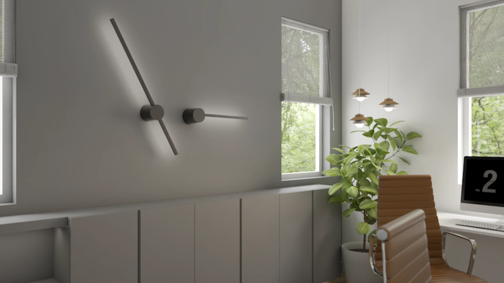 Single white desk with iMac monitor and tan leather Eames chair beside a birch cubby unit holding a black printer and books, small wall sconce above