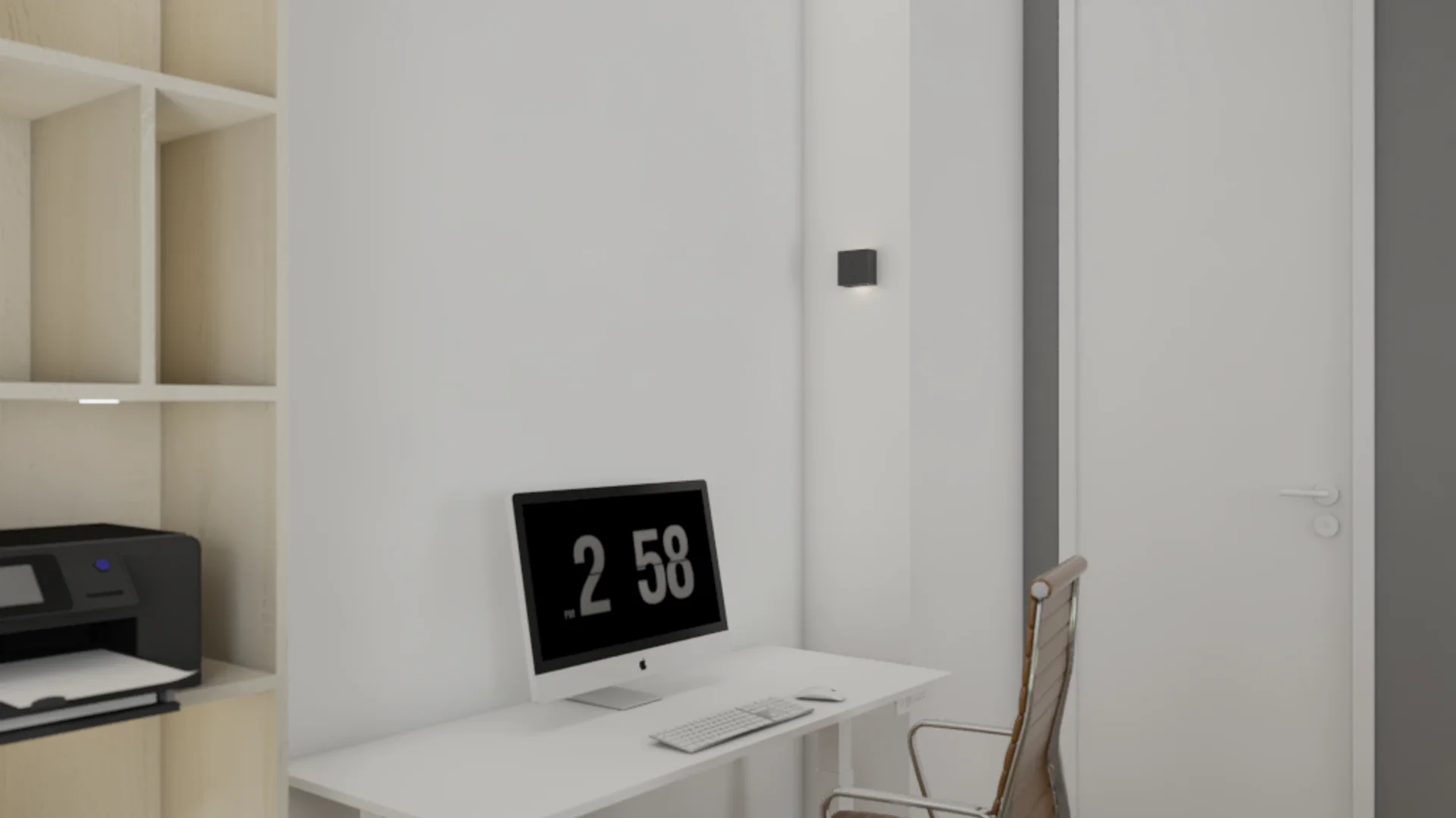 Study library with floor-to-ceiling birch cubby bookshelf filled with books, white lower drawers, tan swivel chair at white desk, and arched floor mirror beside door