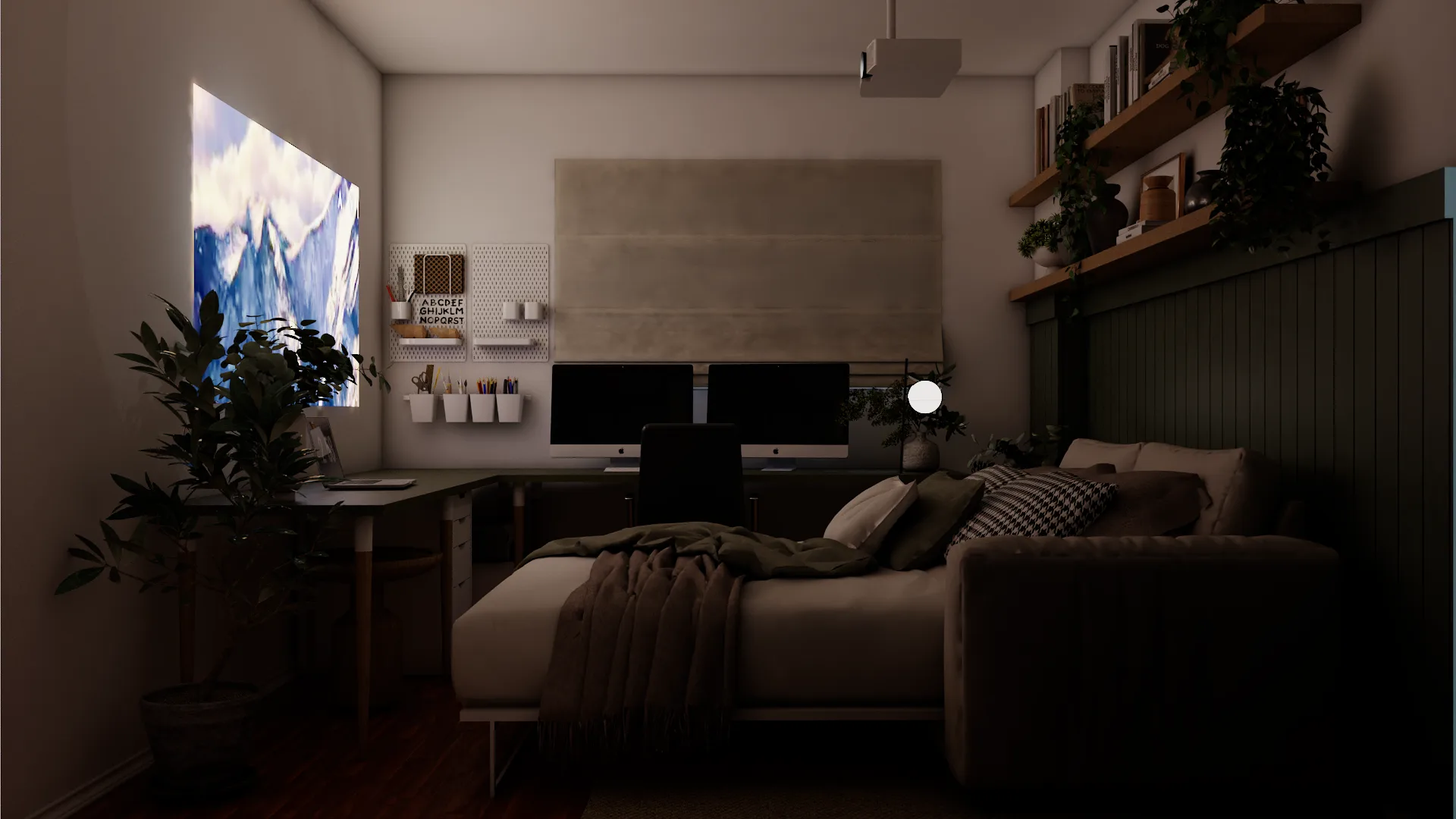 Dark room with ceiling projector casting mountain landscape on wall above desk at night