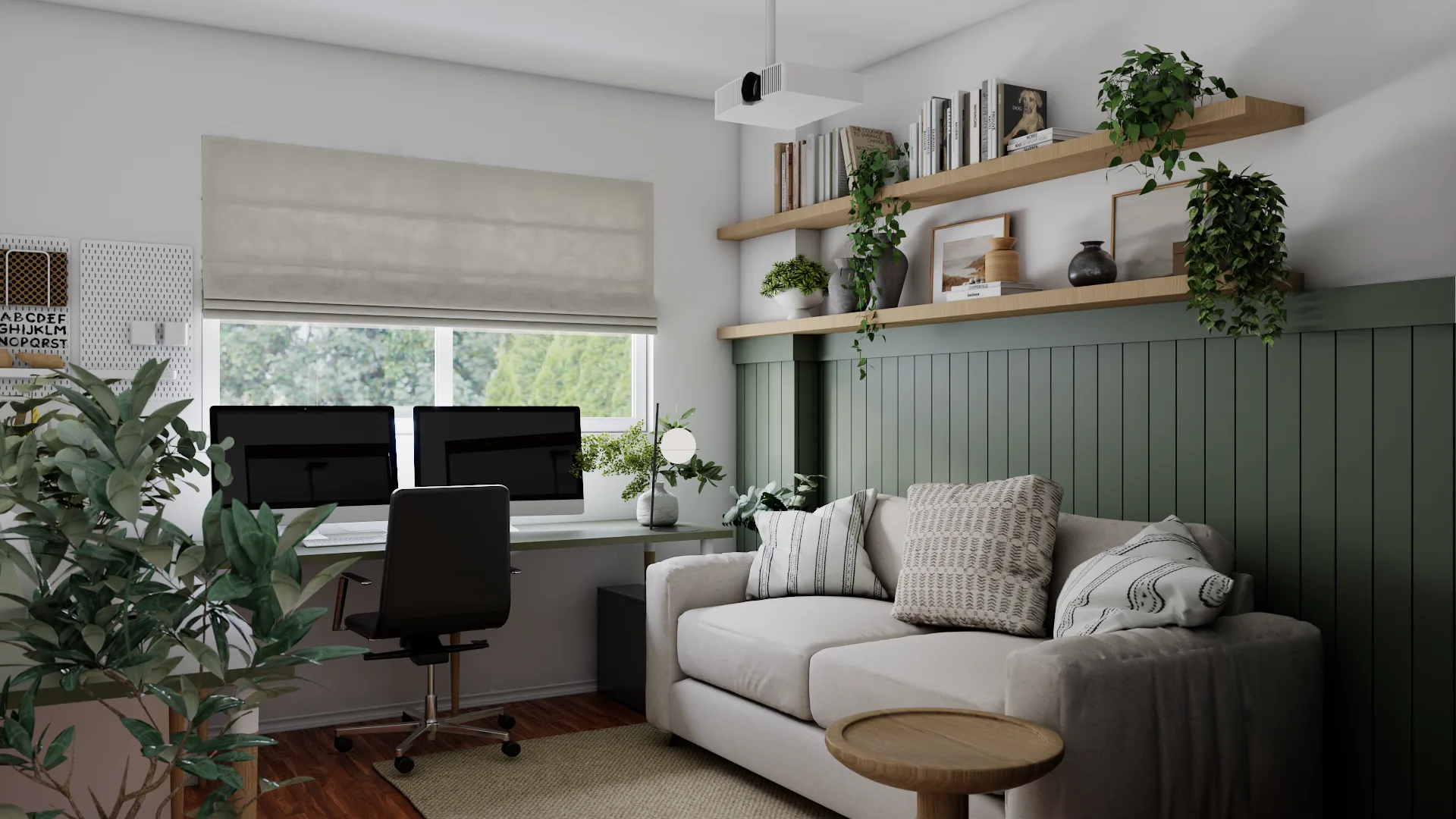 Sage beadboard wall with cream daybed, oak floating shelves, and trailing pothos plants