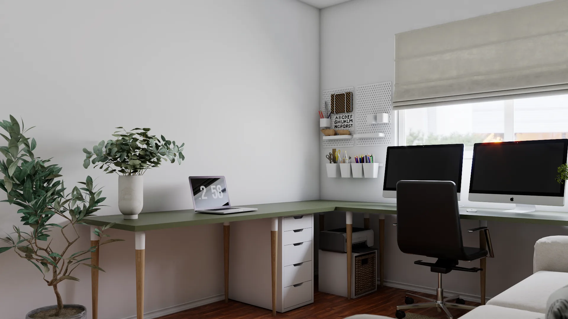 L-shaped sage desk with wood legs, dual monitors, pegboard wall organizer, and linen roman shade