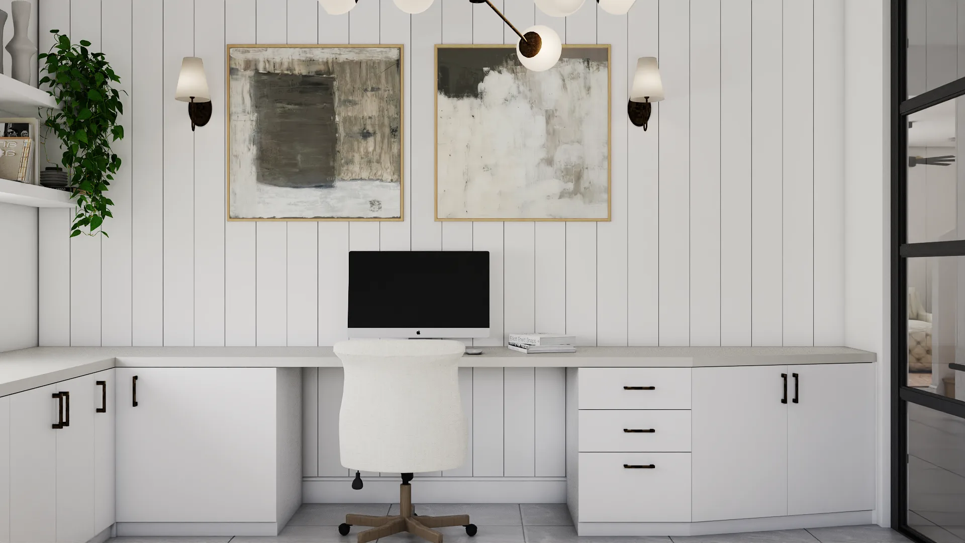 Single built-in desk against shiplap wall with abstract art and brass wall sconces