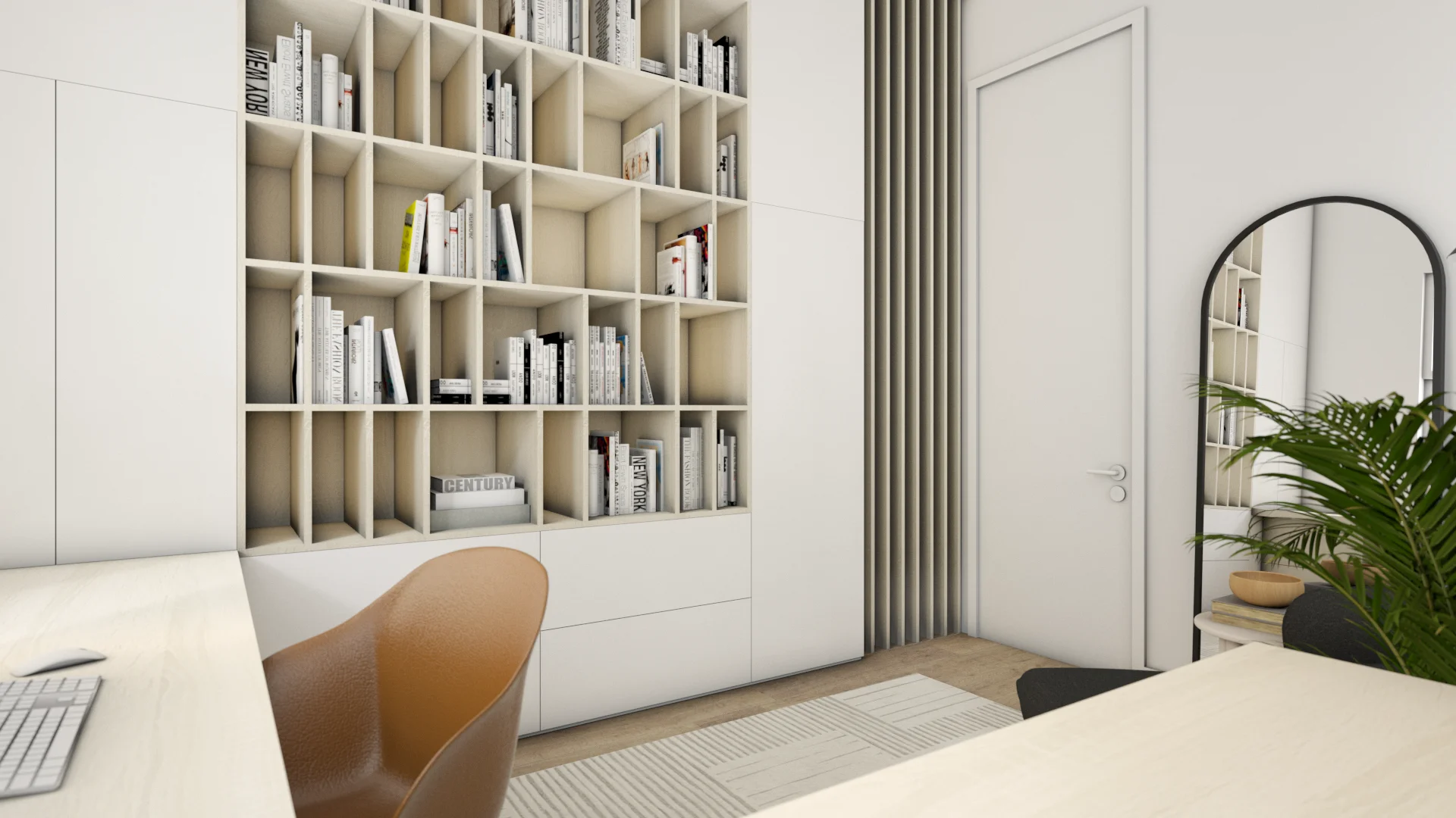 L-shaped white desk with iMac, tan swivel chair, floor-to-ceiling birch bookshelf with books, pendant lamp, and natural window light in a study library