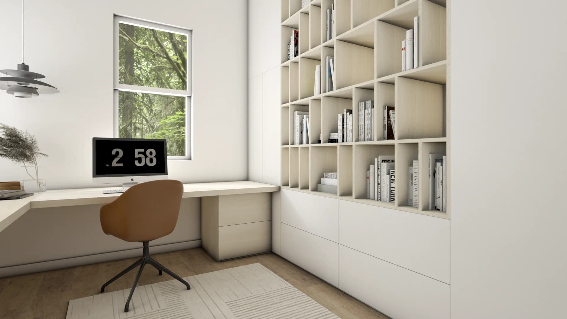 White L-shaped study desk with iMac monitor, tan swivel chair, birch cubby bookshelf, glass vase with dried botanicals on desk, and natural window light