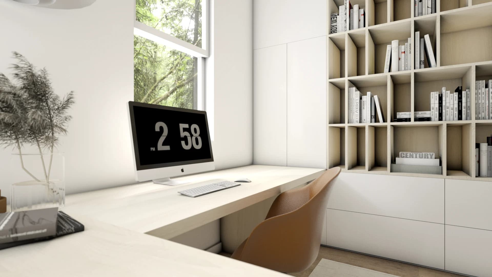 Study lounge nook with arched black floor mirror, charcoal swivel chair and ottoman, ribbed side table, palm plants, floating shelf with ceramics, and matte black floor lamp