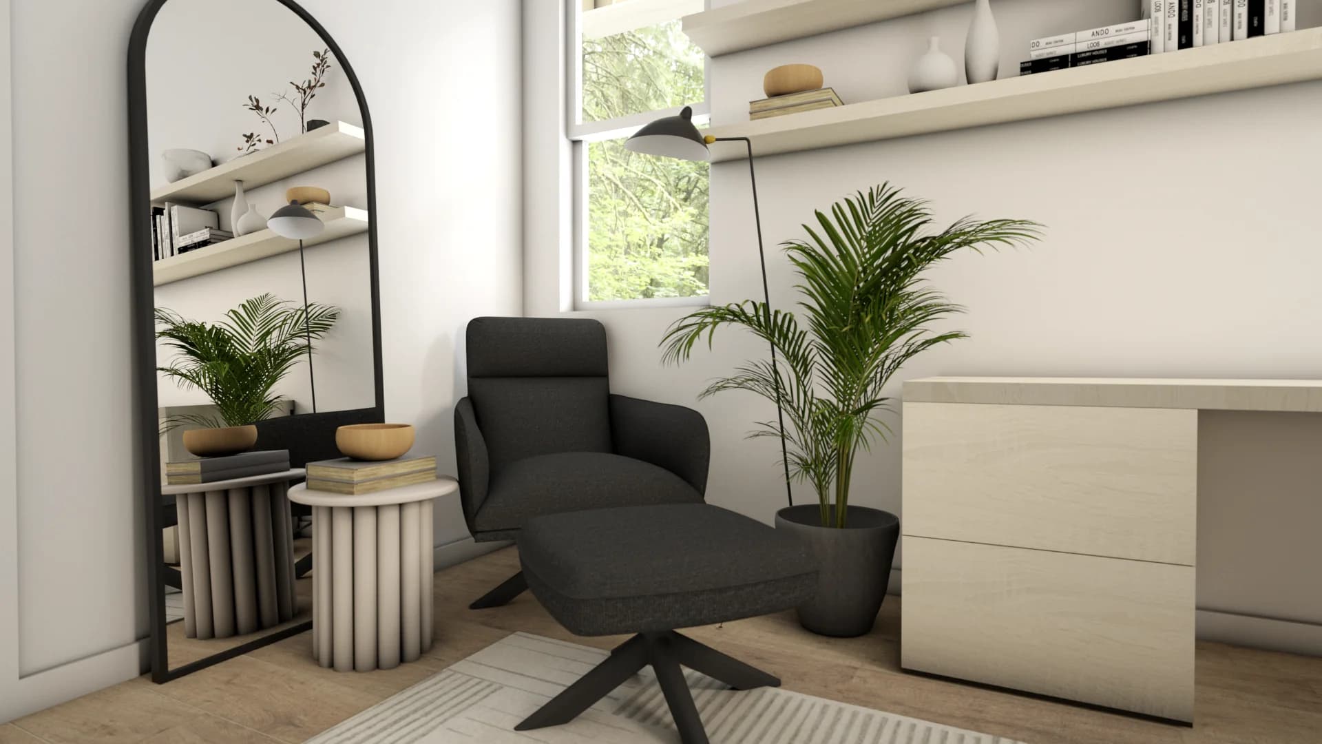 Charcoal swivel lounge chair with footrest ottoman on woven rug beside arched mirror, palm plant, birch storage cabinet, and black floor lamp in study office