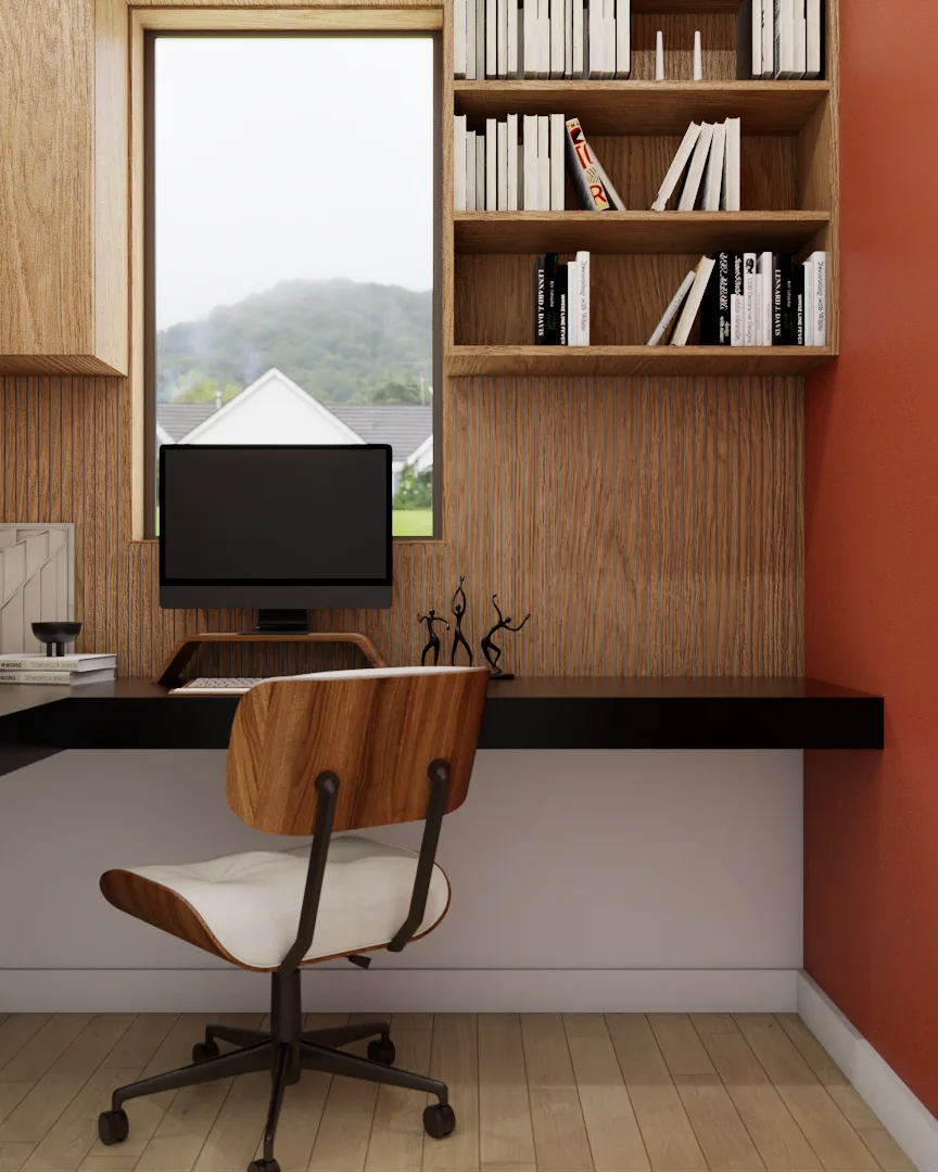 Home office with terracotta accent wall, black floating desk, oak slatted wall panel, and built-in shelving with books