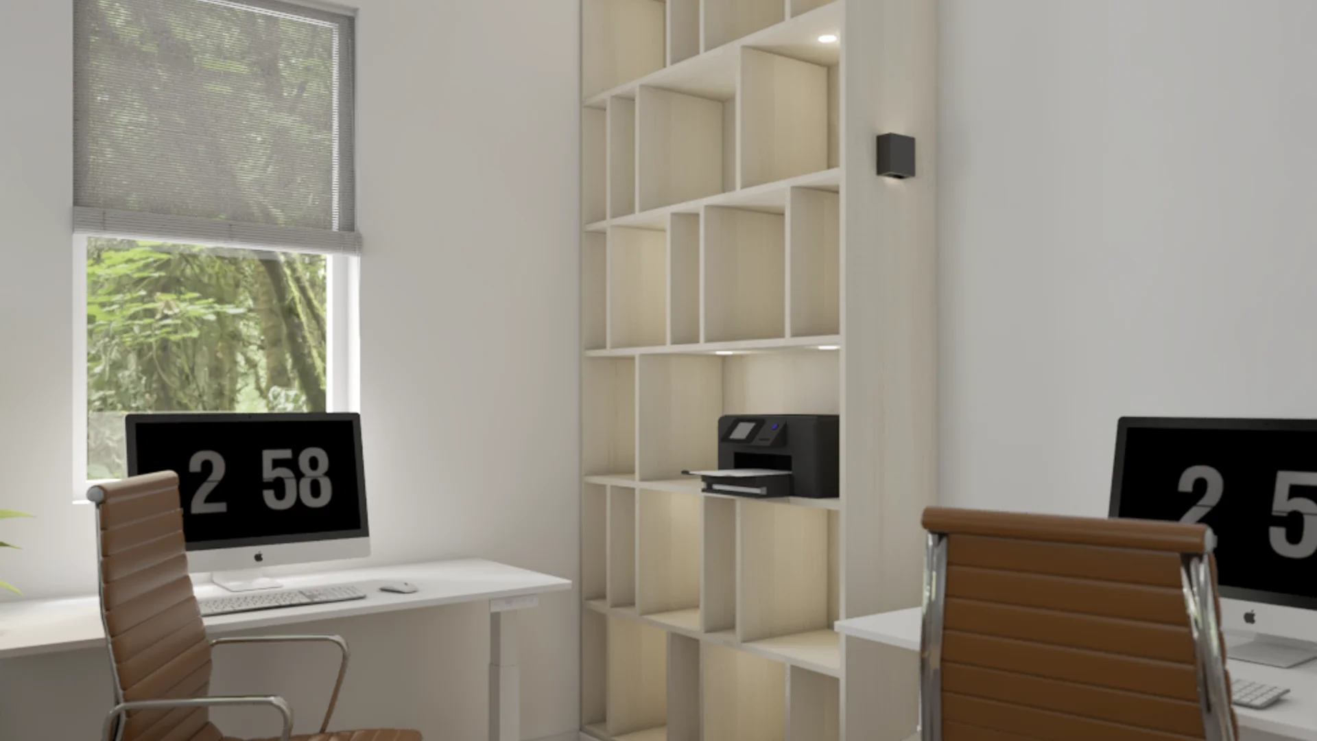 Dual Eames-style tan leather desk chairs at two white desks flanking a floor-to-ceiling birch cubby bookshelf divider in a bright white home office. Design by Debora, an online interior design service.