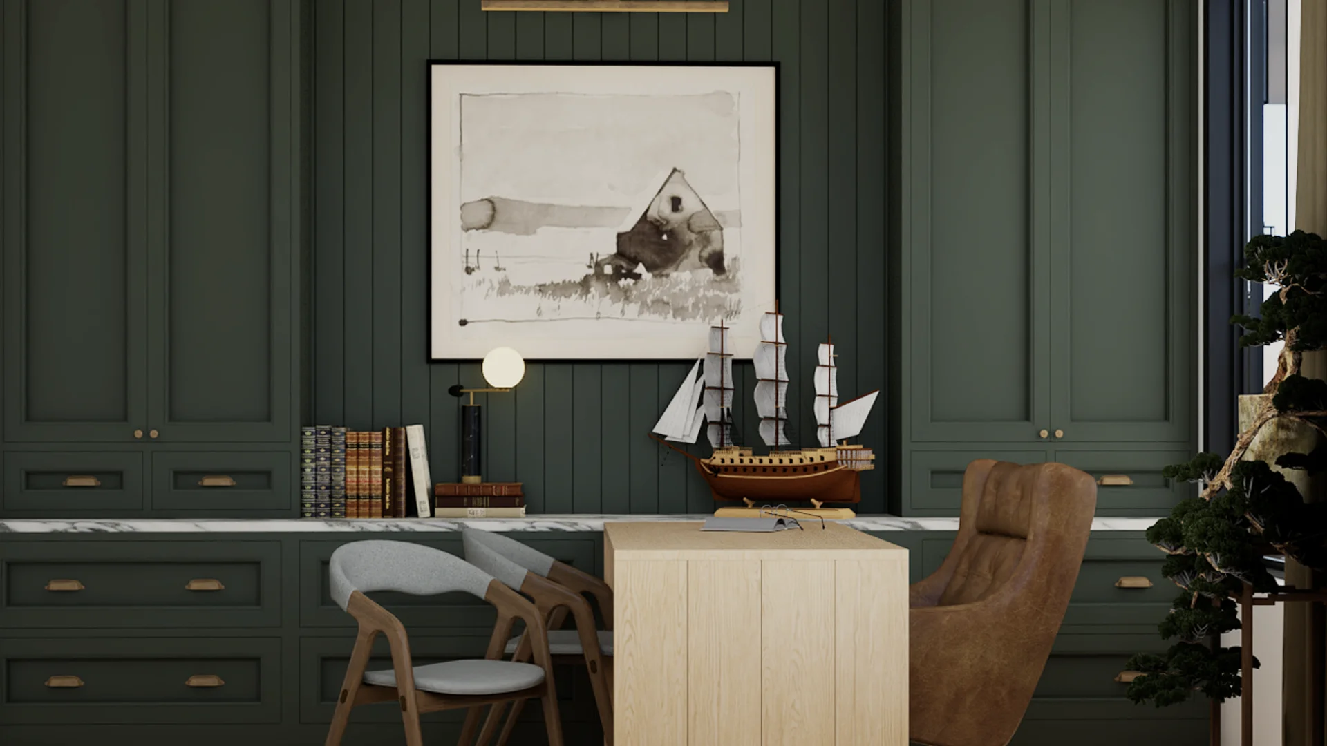 Transitional executive home office with forest green shiplap wall, recessed cabinetry, brass hardware, marble ledge, oak island desk, and cognac leather tufted chair by Debora Interiors