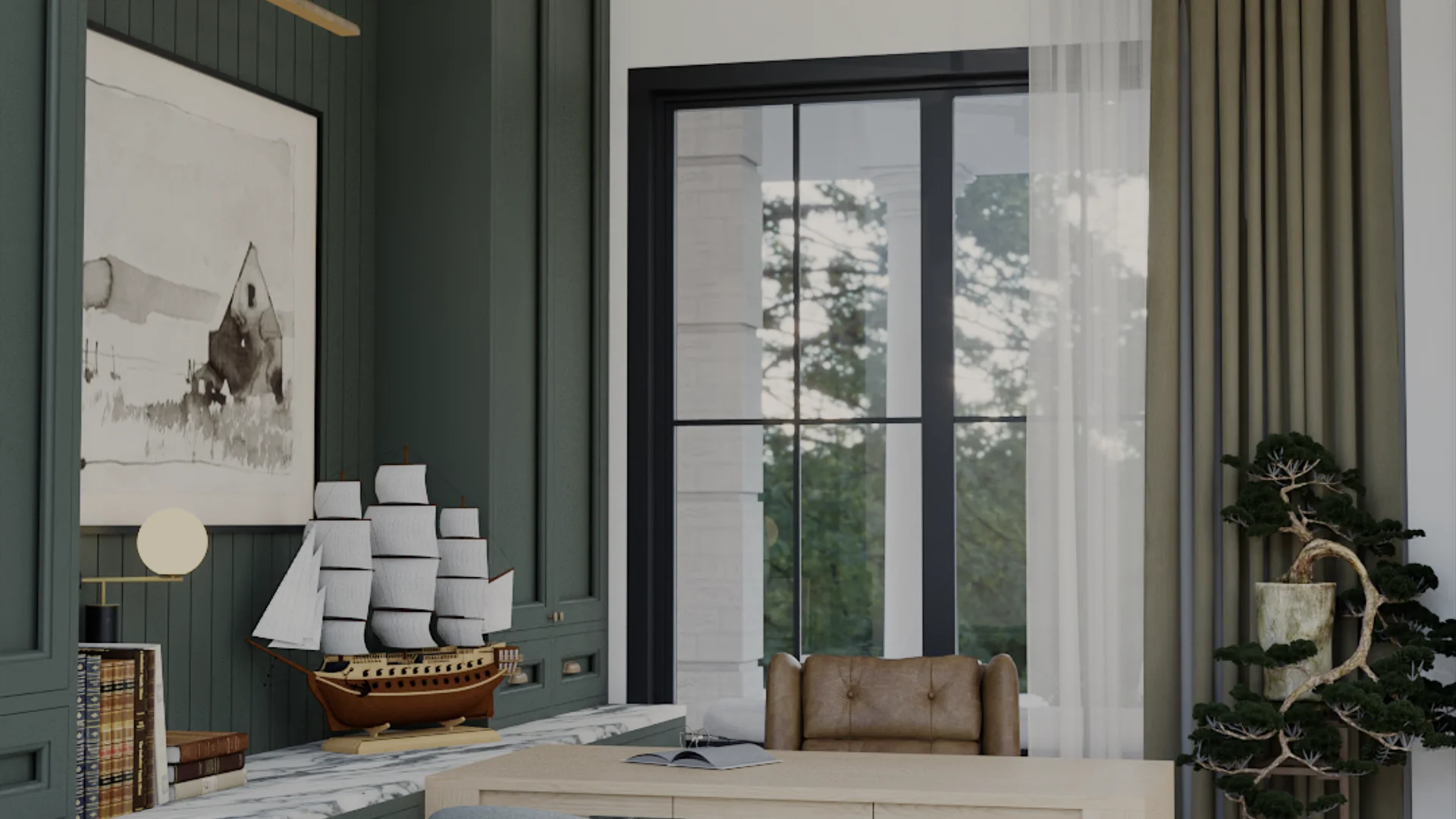 Transitional home office with green shiplap paneling, full-height black-framed garden window, sage linen curtains, bonsai on marble ledge, and cognac leather chair by Debora Interiors