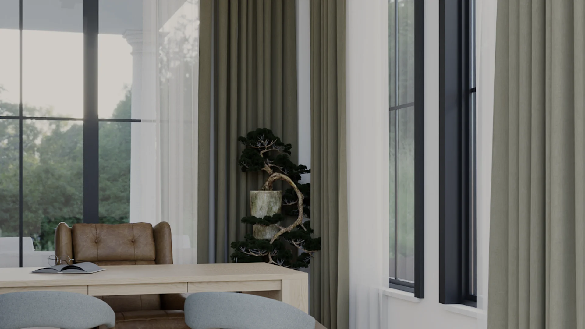 Transitional home office with floor-to-ceiling sage linen curtains, sheer inner layer, oak island desk, cognac leather lounge chair, and bonsai tree in stone pot by Debora Interiors
