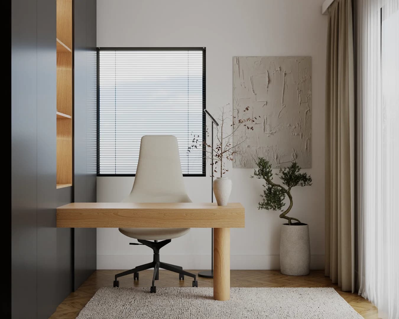 Japandi home office with light oak desk, ivory sculptural chair, bonsai planter, and textured plaster wall art