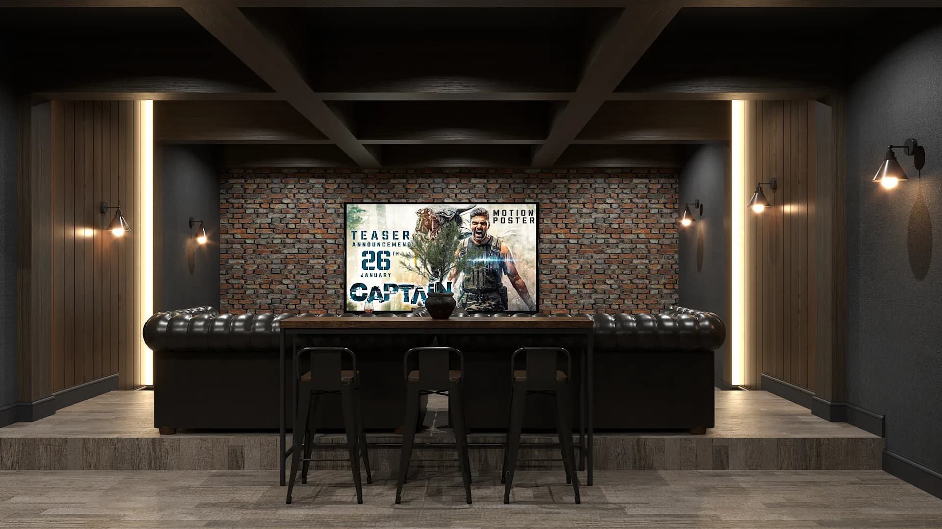 Dark home theater with exposed brick wall, LED wood slat panels, tufted leather sofa, and bar stools