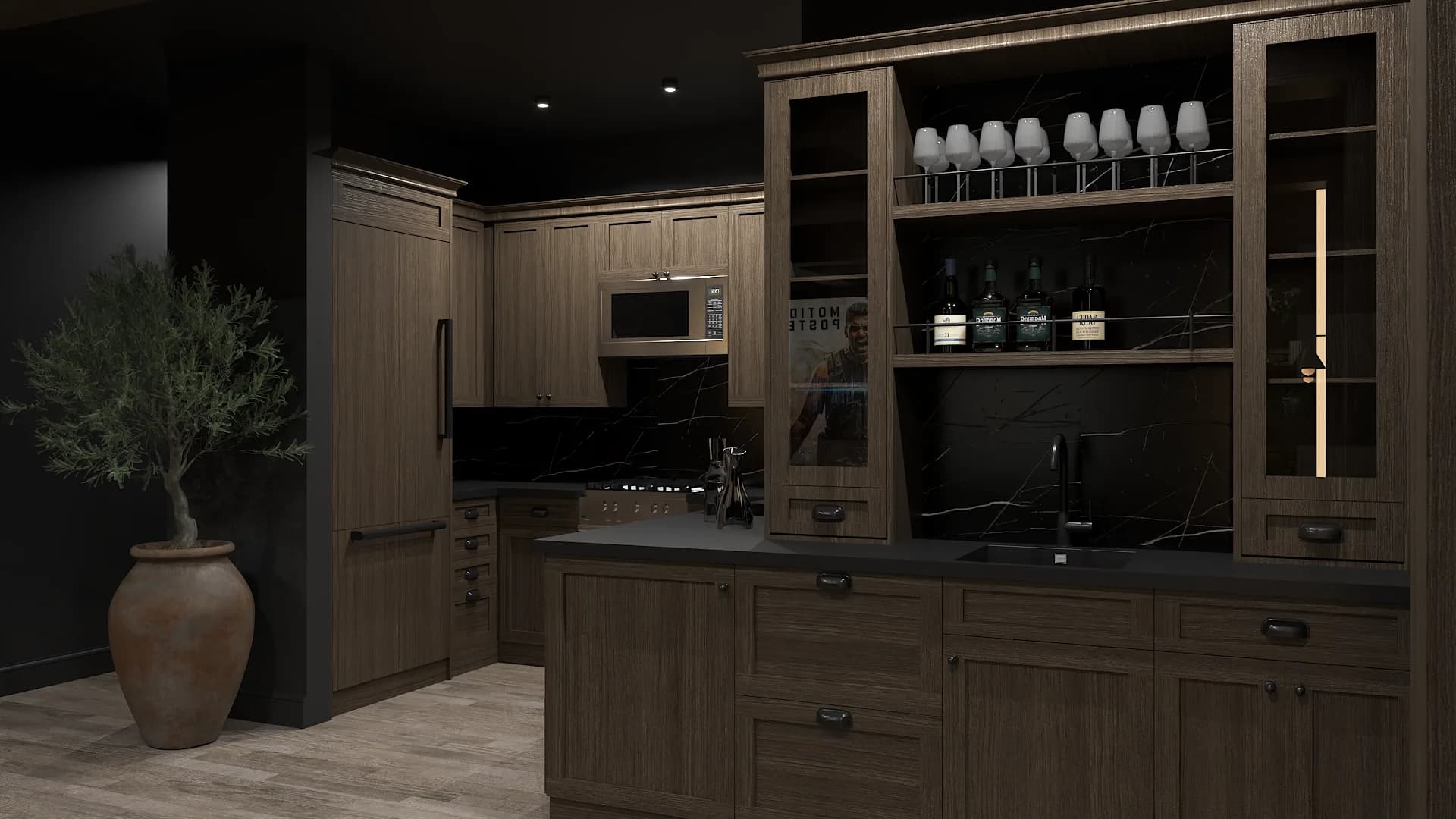 Home theater bar cabinet with wine glass rack, open shelving, walnut cabinetry, and black marble counter