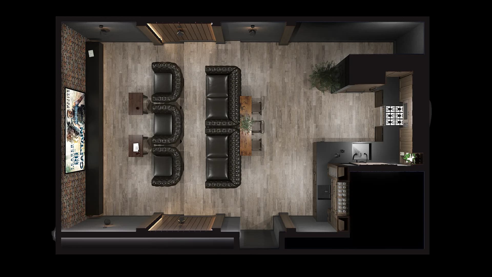 Top-down floor plan view of full home theater with seating arrangement, screen wall, and kitchenette zone