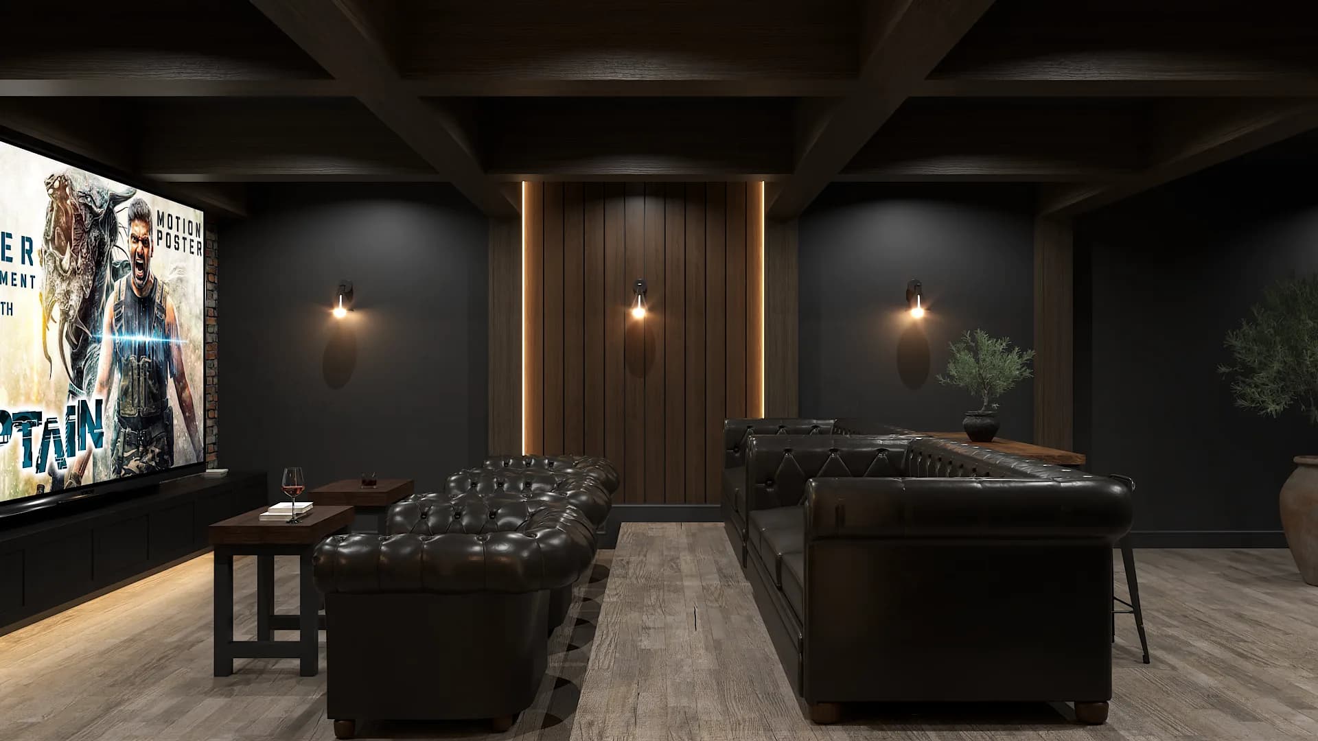 Home theater left view with black Chesterfield sofas, projection screen, and wood slat wall with sconces