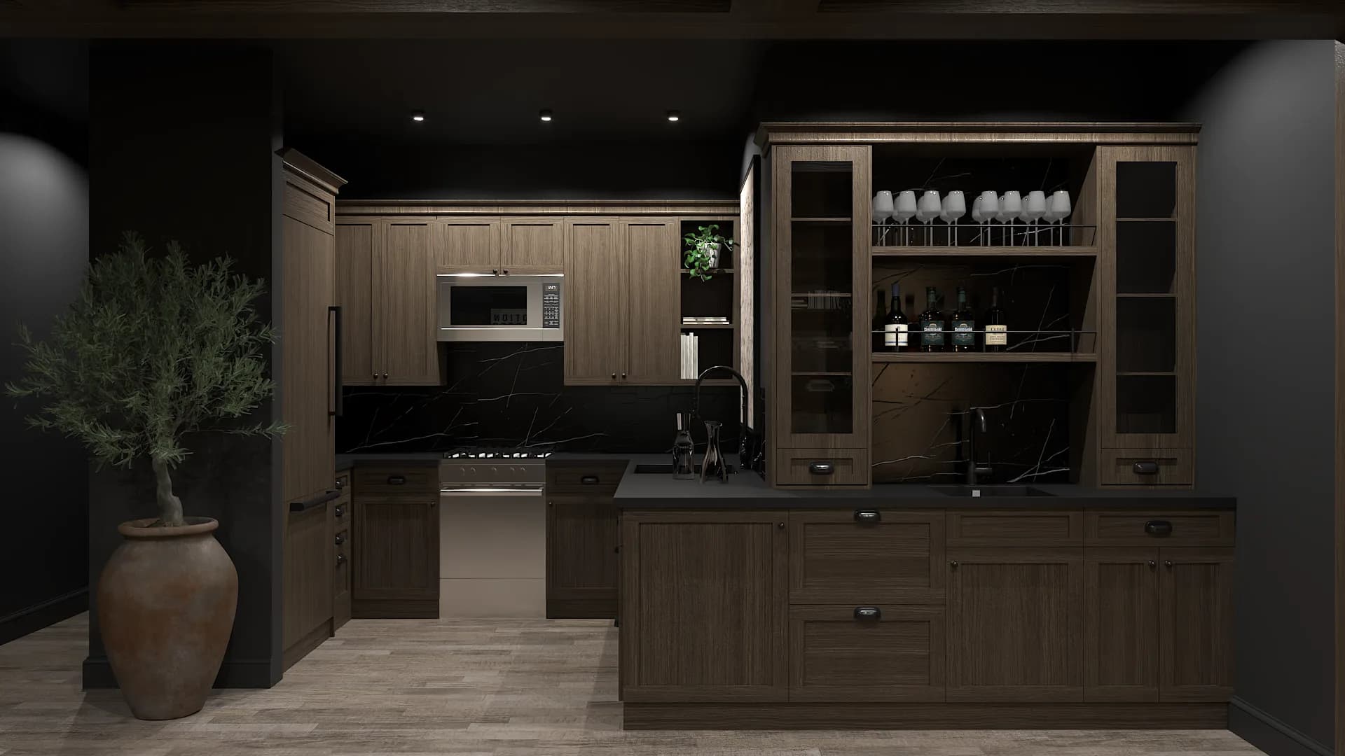 Theater kitchenette with walnut cabinets, black marble backsplash, and olive tree in terracotta pot