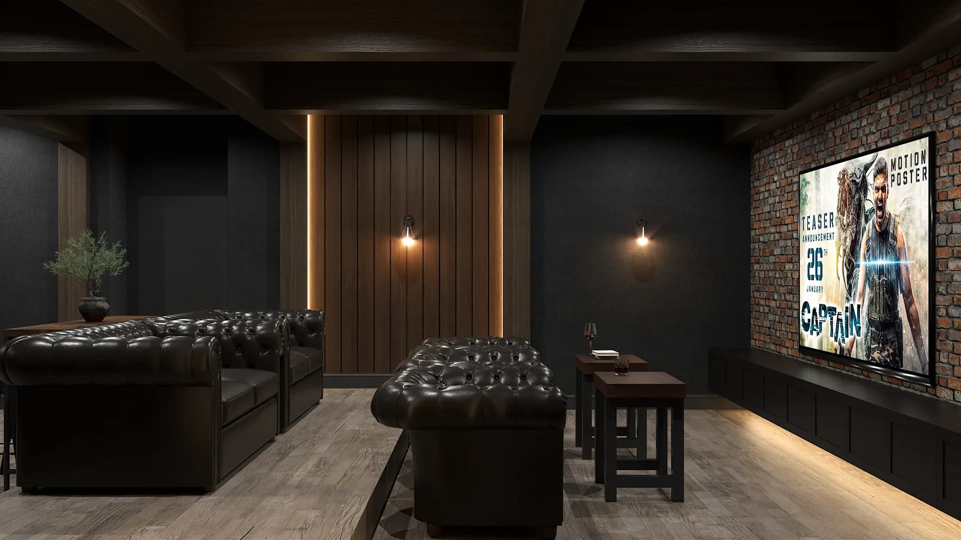 Home theater right angle showing brick accent wall with screen, black tufted leather sofas, and wood beams