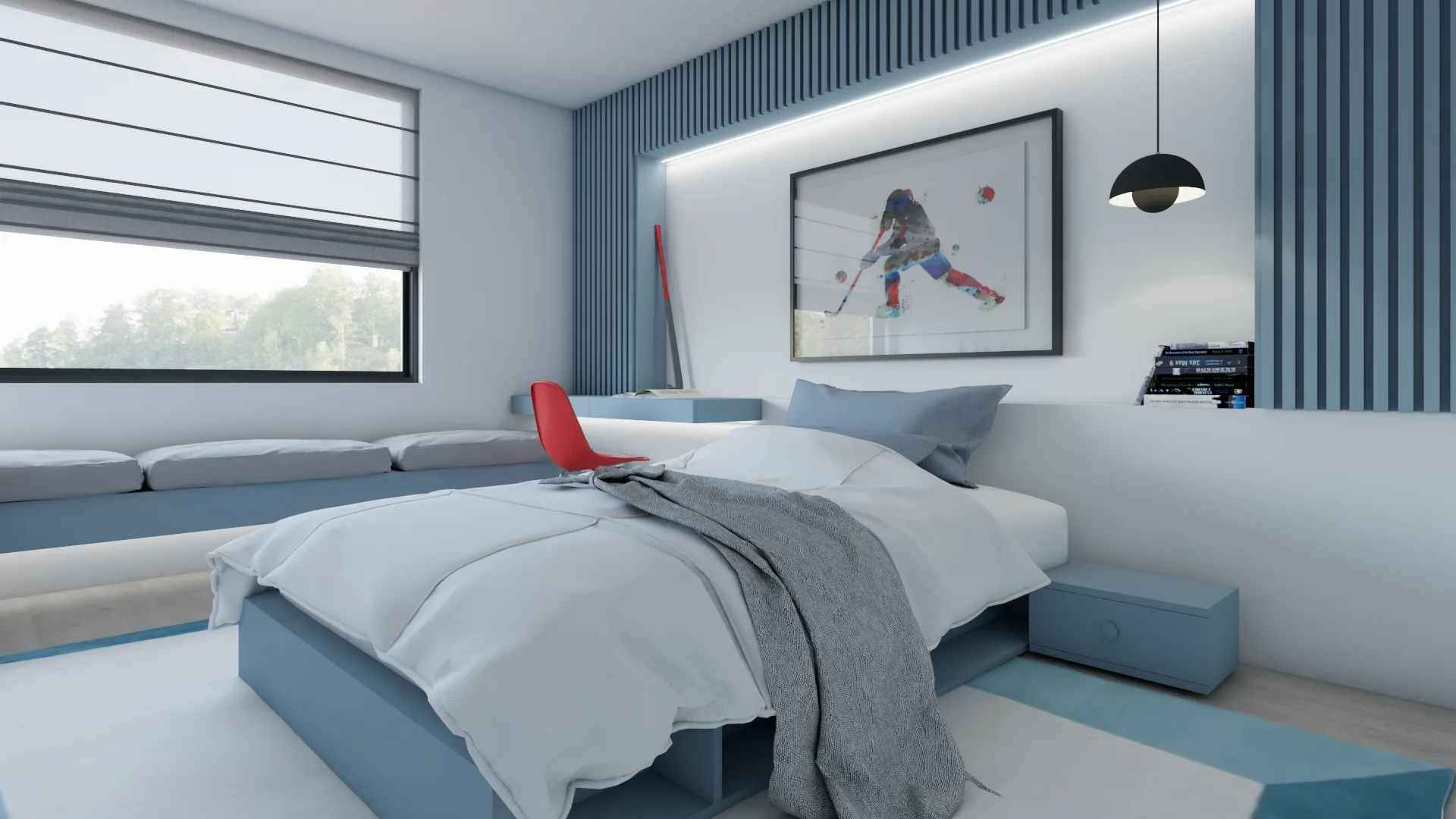 Boys bedroom with dusty-blue slat accent wall, LED-lit niche, framed hockey art, red Eames chair, and platform bed